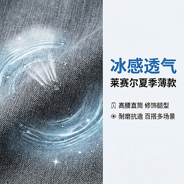 [主图 4] 皮尔卡丹牛仔裤面料细节卖点展示图，版式为左图右文。[氛围风格] 清爽舒适冰感卖点，和全套主图风格保持统一商务简约风。[画质] 商业摄影质感、光线柔和通透、产品清晰真实、画面干净高级，4K超高清。[元素] 左侧放大展示牛仔裤面料局部特写，保持烟灰色牛仔材质纹理和原图一致，莱赛尔面料纹理清晰，添加细碎水波纹特效体现冰感透气特质，右侧预留文字区域，整体画面干净主体突出，商品主体占比约70%。[光影] 柔光均匀打亮面料细节，清晰展示纹理质感，冰感水波纹带高光点缀，突出清凉透气卖点。[配色] 烟灰色面料为主，水波纹淡蓝色点缀，右侧背景浅灰白色，干净清爽配色。[视角构图] 左侧特写右侧留白，构图均衡，左实右虚突出卖点。[文字版式] 右侧文字区域从上到下排版：主标题"冰感透气"蓝色大号粗体字，副标题"莱赛尔夏季薄款"黑色中号字，下方分点列出卖点：[bullet] 高腰直筒 修饰腿型 [bullet] 耐磨抗造 百搭多场景，字体大小对比清晰，都不遮挡主体产品，和背景对比清晰易读。[比例分辨率] 1:1比例，4K分辨率，文字清晰可辨，超高清。[负向提示词] 变形，水印，文字错乱，产品模糊，背景杂乱，水波纹过多遮挡面料