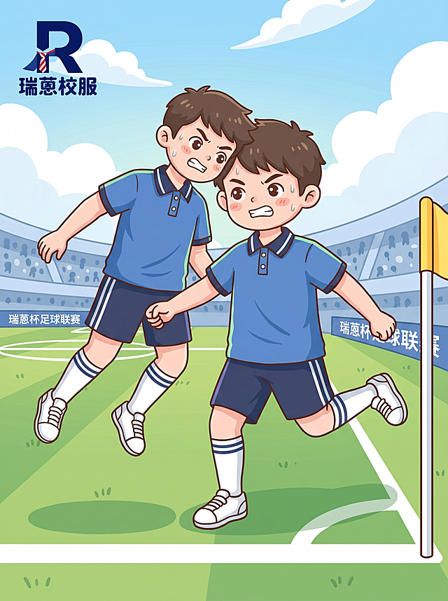 校服严格参照上传产品图，完整保留所有可见组件、部件、轮廓形状、结构、比例、材质质感、颜色与上传图完全一致，杜绝任何变形、色差、组件缺失、结构偏差。
足球场禁区头球争顶场景，动作激烈。
清新明快蓝绿主色调。
两名穿着瑞蒽禅城校服的球员同时起跳争顶头球，身体对抗，动作舒展。角球区广告牌带有"瑞蒽杯足球联赛"字样。左上角保留瑞蒽校服LOGO，突出体现瑞蒽校服采用正品索罗娜面料，保持干爽不闷汗的优点。
明亮午后自然光，产品受光面泛起草地绿色，暗部及边缘映射浅蓝天色的环境光晕，与环境物理融合。
中景构图，人物完整入画。
起跳争顶动作，身体腾空，颈部发力，充满力量感。
正面平视视角。
语文课本插图卡通风格，线条简洁明快，平涂色彩。
所有人物头部100%完整入画，比例协调。
4K分辨率。严格锁定宽高比为 3:4。