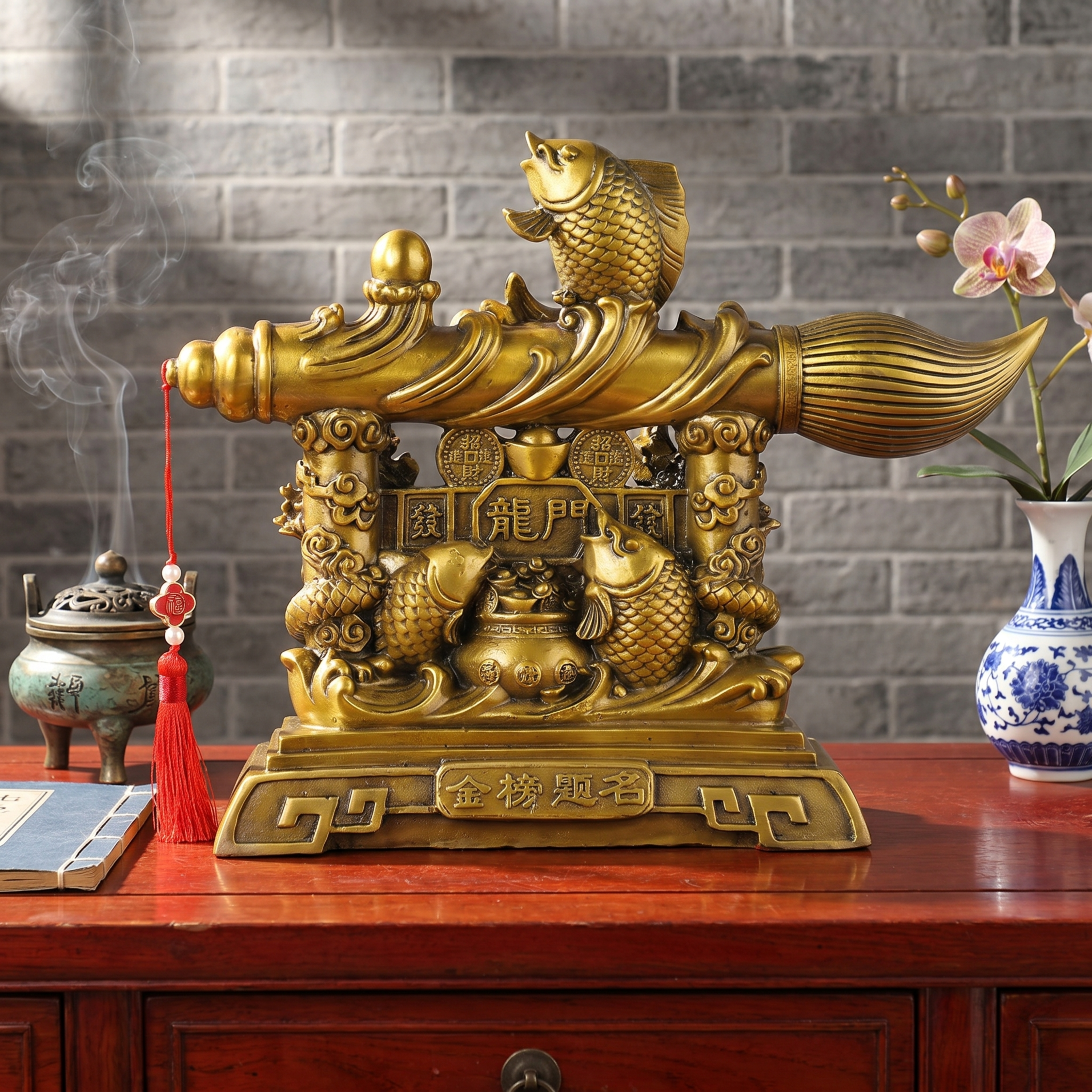 商业级产品摄影。 主体：黄铜摆件严格参照上传产品图，完整保留所… - 图片创意预览