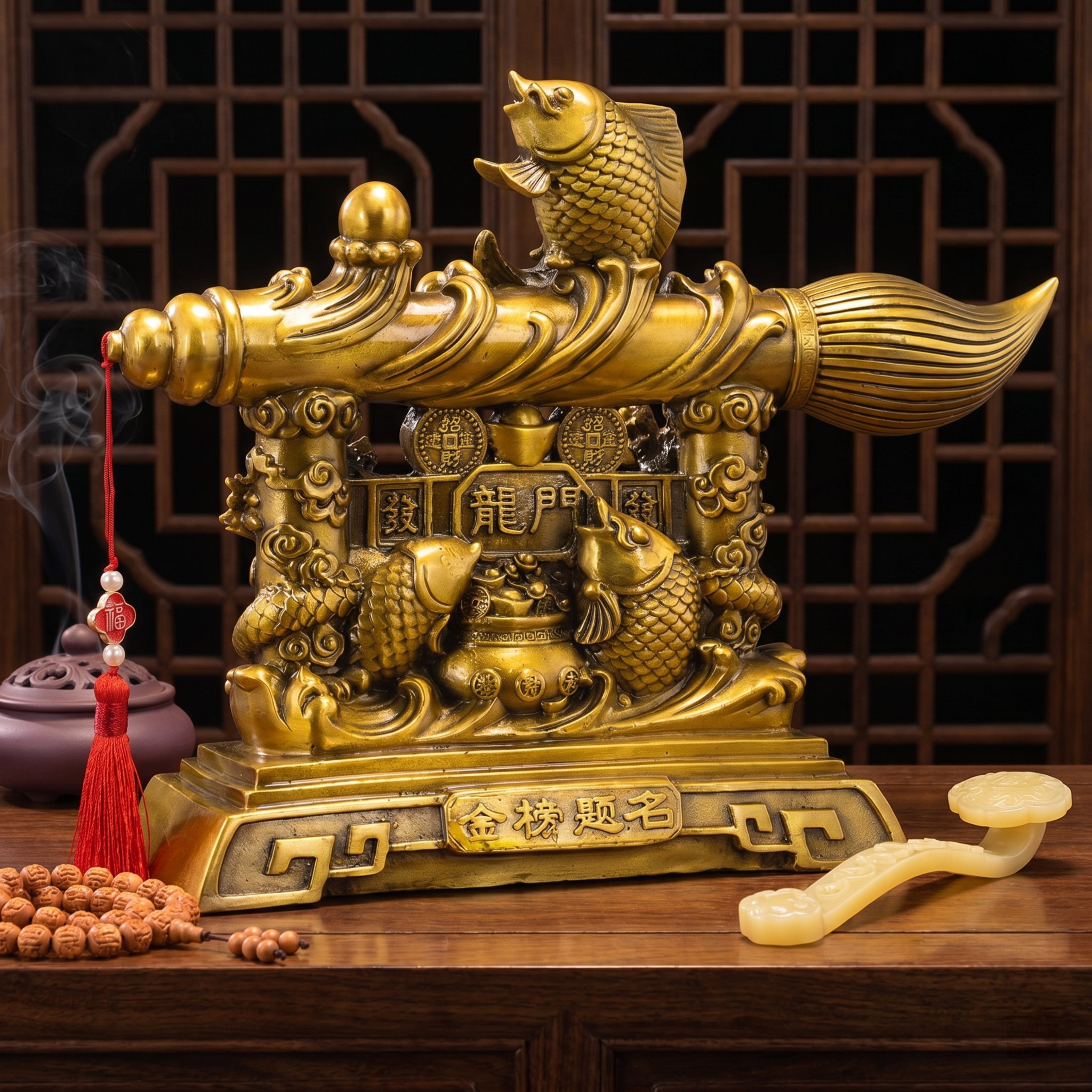 商业级产品摄影。 主体：黄铜摆件严格参照上传产品图，完整保留所… - 图片创意预览