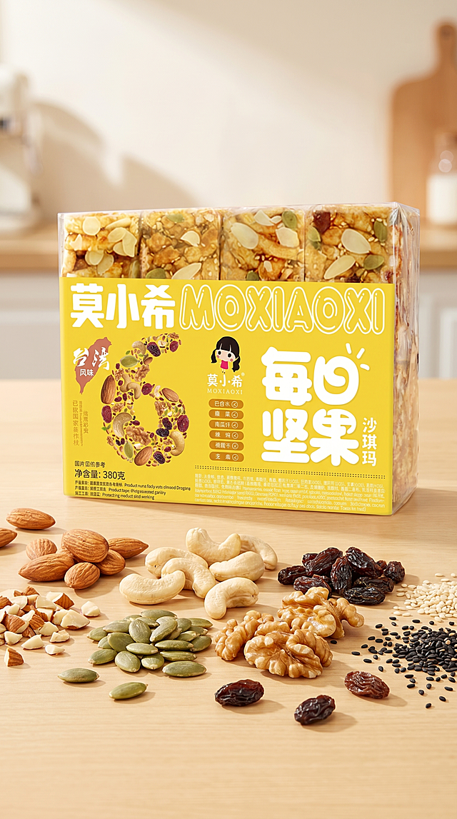 每日坚果沙琪玛零食包装，严格参照上传产品图，完整保留所有可见组件、部件、几何轮廓、结构、比例、材质质感、颜色、图案与上传图完全一致，杜绝任何变形、色差、组件缺失、结构偏差。
作为长详情页展示，主体产品放置在画面顶部，下方留出充足展示空间，整体为790宽，纵长高长的详情页构图。
场景：干净温馨的美食电商详情页背景，上方放置产品，下方搭配散落的坚果原材料：巴旦木、腰果、南瓜子、核桃、葡萄干、芝麻，自然散落在浅米黄桌面上。
风格：国内电商温馨食欲风，商业美食摄影。
光影：主光从产品斜前方45度射入，明亮暖调自然光，食物表面呈现自然诱人光泽，背景柔和虚化突出产品主体。
生机点缀：搭配掉落的完整坚果果干，增加真实食欲感和丰富度。
画质渲染：4K商业美食摄影，极高细节清晰度，整体保持高质感，极具食欲。严格锁定宽高比为79:1000。