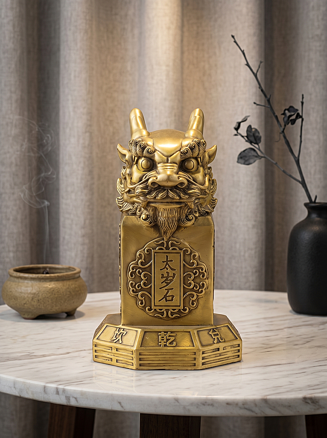 商业级产品摄影。
主体：黄铜摆件严格参照上传产品图，完整保留所有可见组件、部件、本体几何轮廓、结构、比例、材质质感、颜色、图案与上传图完全一致，严禁因画面氛围词擅改产品材质，杜绝任何变形、色差、组件缺失、结构偏差、拼接错位；产品位于画面黄金主导位，为画面唯一视觉焦点，镜头对焦产品清晰锐利。产品占画面 68%，完整不裁切，充满画面，绝对前景主导，近景构图，产品边缘距画面边缘 ≥6%，背景无其他同类产品。
构图：对角线构图，微侧 20° 视角，略微抬高俯视。
风格：侘寂静谧。
场景概念：禅意客厅边几，傍晚室内暖光氛围。
承载与空间：①桌面，天然大理石台面，爵士白底色，浅灰色自然纹理；②背景，亚麻暖灰色落地窗帘，暖灰色，柔和褶皱肌理。
陪衬物：①摆件左侧边几，一只粗陶香薰炉，陶土卡其色，哑光肌理，上方漂浮淡淡轻烟；②摆件右后侧，一枝黑色枯枝插花，哑光黑色陶瓷花瓶，深灰黑色。
配色：主爵士白 + 暖灰 60% / 辅黄铜金 25% / 点陶土卡其 + 深灰黑 15%。画面颜色：爵士白 / 暖灰 / 鎏金 / 卡其 / 深灰黑。
材质：天然大理石 / 黄铜 / 粗陶 / 亚麻 / 陶瓷。
光影：主光为前方桌面上方暖黄射灯，斜前 60° 照亮摆件；辅光为环境散射暖光；黄铜表面有金属光泽，阴影边缘柔和过渡。
参数：4K 写实光追。严格锁定宽高比为 3:4