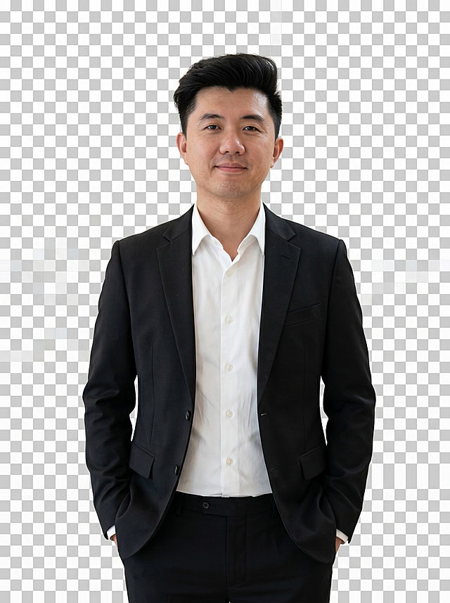 参考图中保留人物脸型、发型、年龄等特征生成老师职场形象照，标准焦段50mm，f/4光圈，平视视角，镜头与人物视线齐平；人物占画面70%，人物居中，居中构图，位于画面中心，为视觉聚焦点，入境范围头部及以下至臀部下方10cm，半身像；左右留少量背景空间；头部与画面顶部保留5%空间；头部发型完整，头肩比例协调，人物结构准确；发质微微柔顺，微微蓬松。身穿黑色精纺羊毛混纺西装外套，平驳领设计，面料呈细腻微微哑光质感；内搭白色衬衫；下装黑色精纺羊毛混纺西裤；着装正式干练；专业稳重，为人师表气质；身形匀称，姿态端正，身体挺拔。呈双手插兜的自然姿态，肢体放松且自信。背景为透明背景，画质超高分辨率、细节清晰，现代精致感风格；肤质精细化处理；眼神直视镜头，目光坚定且澄澈，表情自然。嘴角上扬；肤质自然细腻，肤色健康均匀，皮肤状态清爽干净，保留真实皮肤细节｡正面柔光补光，4800K中性光，面部光比1:1.5｡中近景写实摄影，对焦清晰，面部雾面柔光，轻透裸肌感，高清保留皮肤细节｡分辨率4K，去除人物之外的所有元素，保留透明背景。严格按照图片内容生成，画面比例3:4