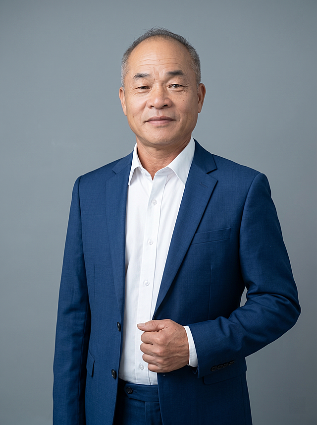 参考图中保留人物脸型、发型、年龄等特征生成职场形象照,标准焦段50mm,f/4光圈(f/2.8-f/4区间),平视视角(镜头与人物视线齐平);人物占画面70%,人物居中(居中构图),位于画面中心,为视觉聚焦点,入境范围头部及以下至腰部上方区域(胸像照);左右留少量背景空间;头部与画面顶部保留5%空间;头部发型完整,头肩比例协调,人物结构准确;发质微微柔顺，微微蓬松。身穿深蓝色精纺羊毛混纺西装外套,(平驳领设计,面料呈细腻微微哑光质感);内搭白色高支精梳棉衬衫;下装深蓝色精纺羊毛混纺西裤;着装正式干练;专业稳重,权威沉稳;身形匀称,姿态端正,身体挺拔。呈自然站姿，右手轻握西装前襟，肢体放松且自信;简约微微中度冷灰纯色背景(呈现均匀柔和质感),背景光线均匀柔和,强化色彩对比的高级感，极简干净;画质超高分辨率、细节清晰,现代精致感风格;肤质精细化处理;眼神直视镜头,目光坚定且澄澈,表情自然。嘴角上扬;肤质自然细腻,肤色健康均匀,皮肤状态清爽干净,保留真实皮肤细节｡正面柔光补光,4800K中性光,面部光比1:1.5｡中近景写实摄影,对焦清晰,面部雾面柔光,轻透裸肌感,高清保留皮肤细节｡分辨率4K,去除人物之外的所有元素。严格按照图片内容生成。画面比例3:4