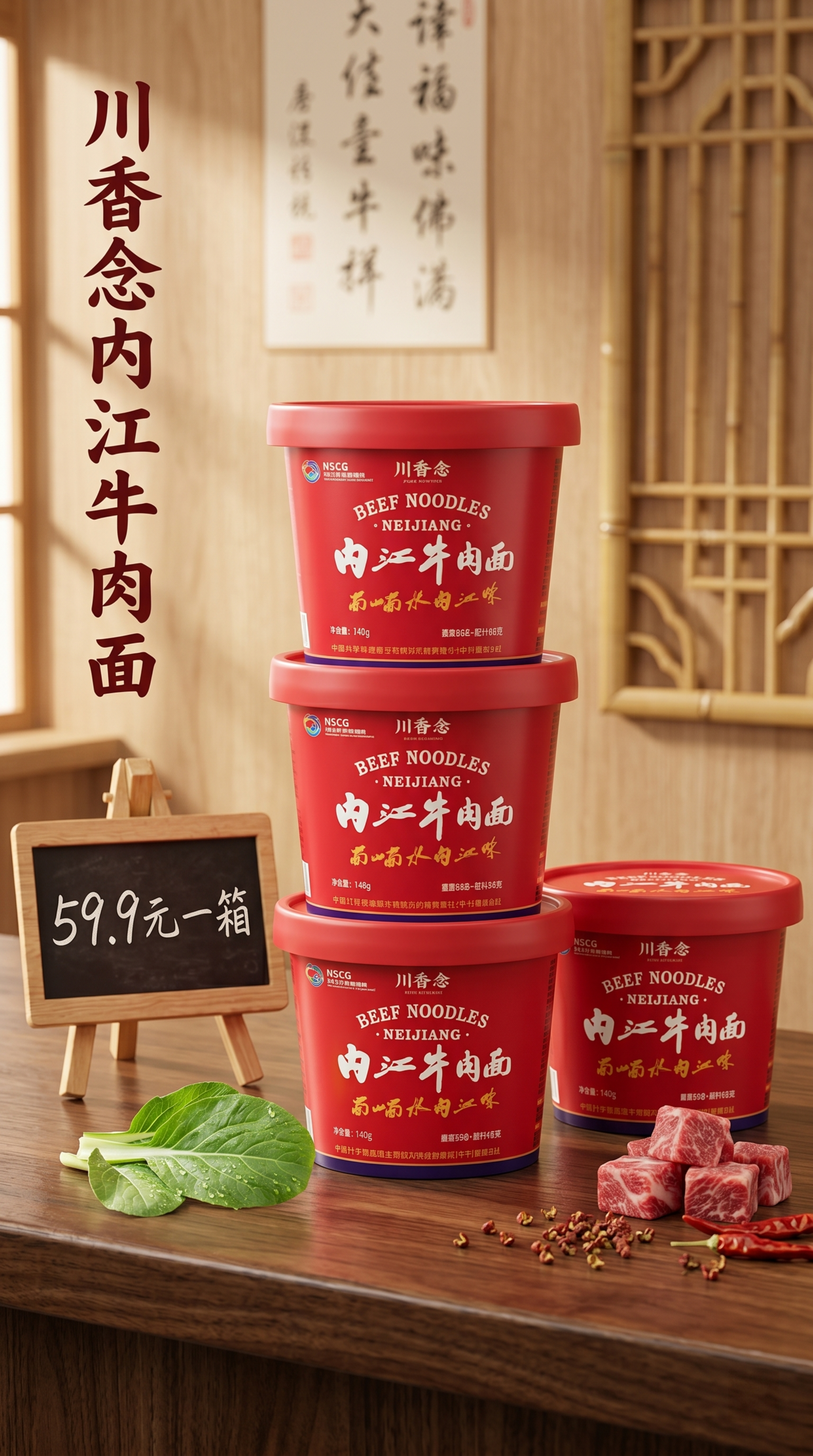 即食泡面桶内江牛肉面严格参照上传产品图，完整保留所有可见组件、… - 图片创意预览