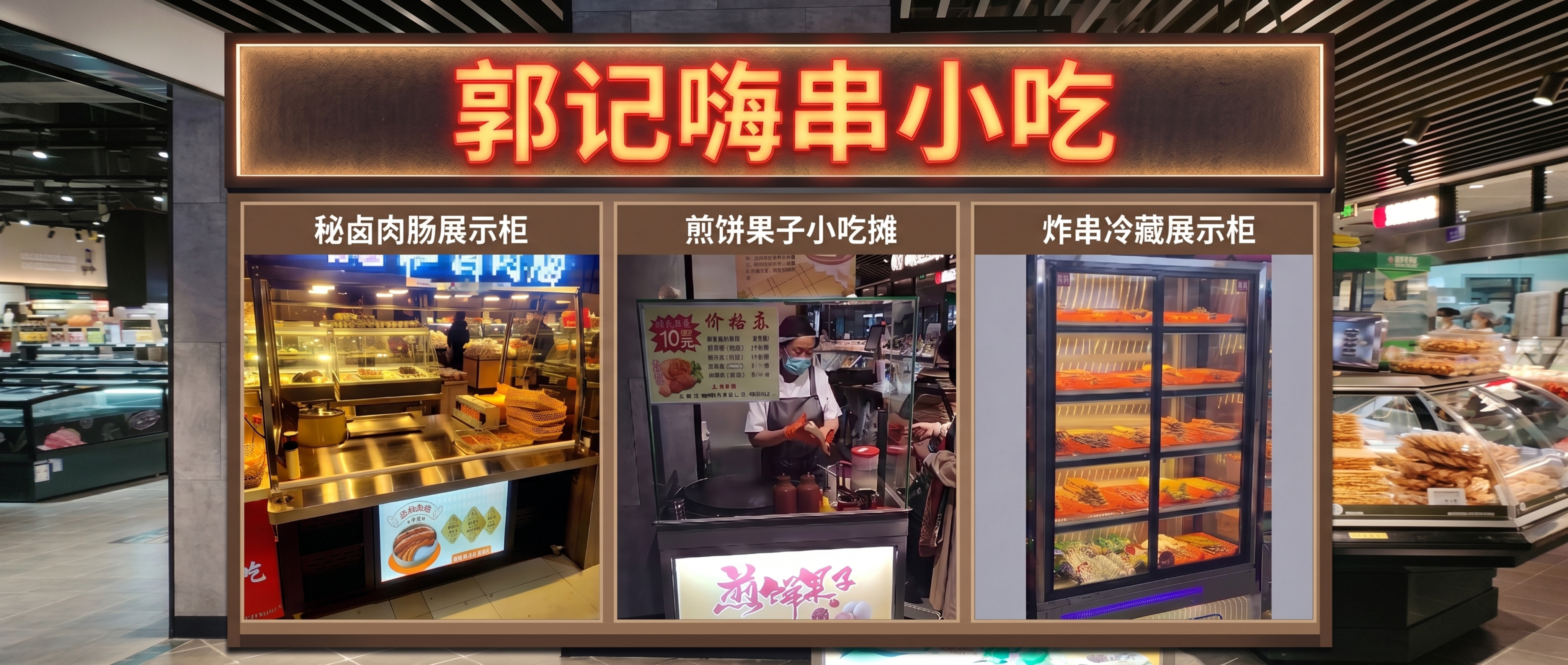 将图1的小吃店门头招牌整体替换为图2的室内商场背景，招牌整体尺… - 图片创意预览