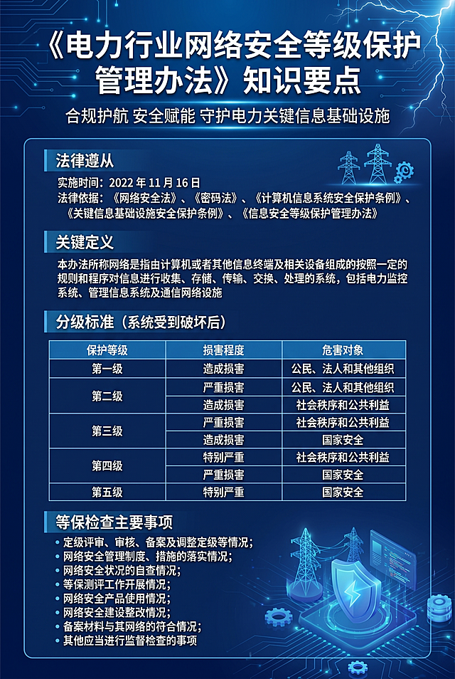 电力行业网络安全等级保护管理办法知识要点宣传海报，竖版可印刷，专业商务科技风格，深蓝色主色调搭配浅蓝科技线条元素，顶部醒目展示主标题《电力行业网络安全等级保护管理办法》知识要点，副标题为合规护航 安全赋能 守护电力关键信息基础设施，完整保留所有原图片文字内容：法律遵从板块包含实施时间2022年11月16日、法律依据《网络安全法》《密码法》《计算机信息系统安全保护条例》《关键信息基础设施安全保护条例》《信息安全等级保护管理办法》，关键定义板块完整保留对应文字，分级标准表格完整保留保护等级、损害程度、危害对象的全部内容，等保检查主要事项完整保留所有条目，文字排版清晰易读，适合印刷使用，整体画面整洁专业，带有电力网络安全相关的简约科技装饰元素