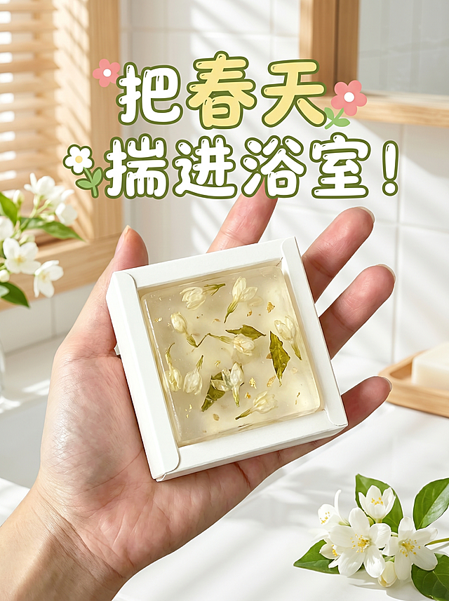 基于原图生成小红书茉莉香皂封面图，画面为手捧着带有茉莉花瓣的茉莉香皂，背景是清新柔和的浴室浅色调场景，整体氛围充满春日自然感，画面上添加醒目可爱的小红书风格文案文字"把春天揣进浴室！"，画面干净明亮有生活氛围感，符合小红书美妆好物分享的视觉调性