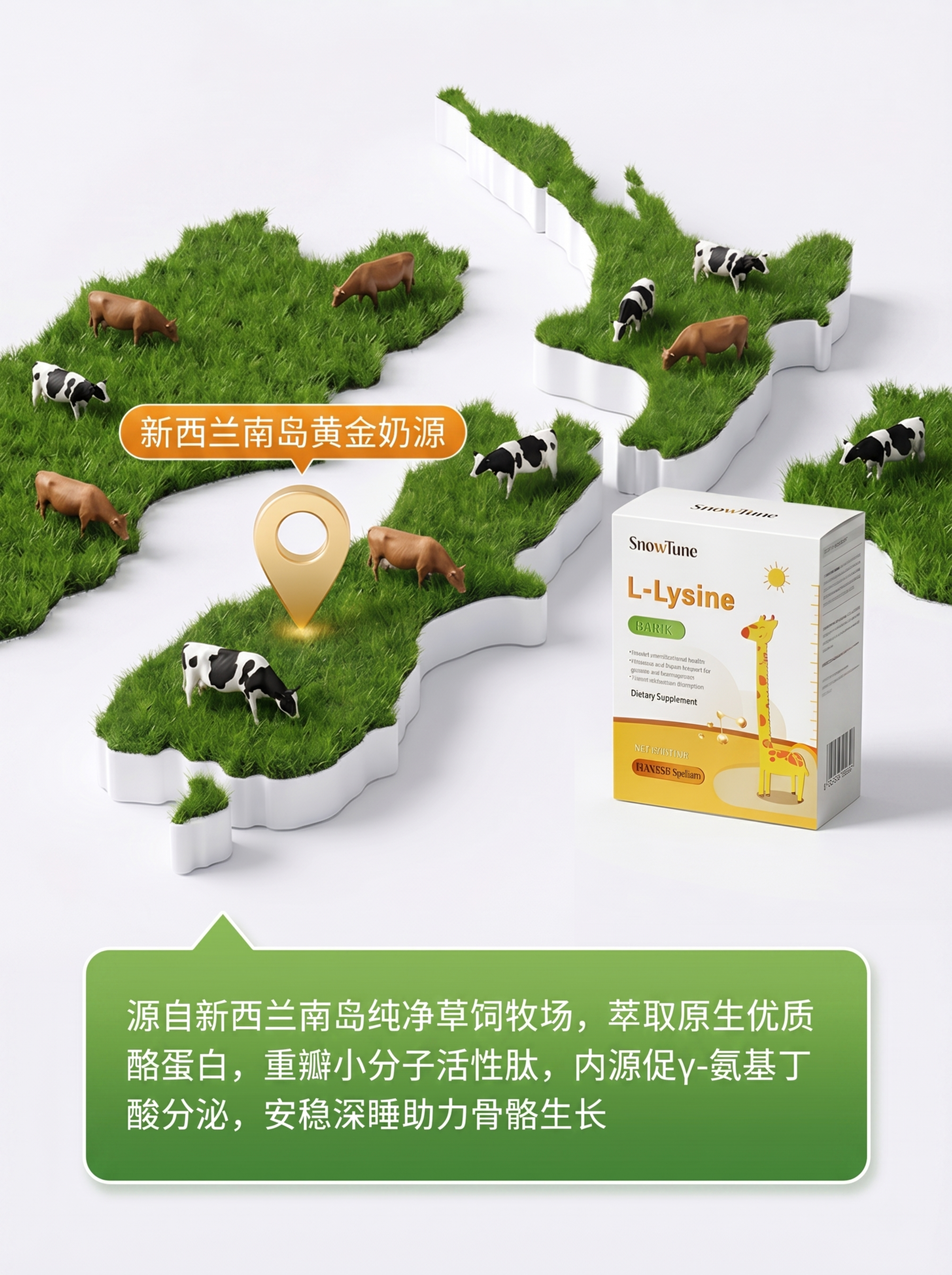 保留原图所有产品和文案内容，在白色背景区域添加一些草地和奶牛，… - 图片创意预览