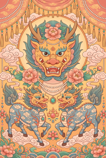 新国潮民俗装饰插画，敦煌壁画融合民间年画风格，中心对称构图，满构图无留白，扁平装饰画风，线条圆润柔和，平涂弱光影，细腻精致纹样，暖色调为主（橙黄、柔粉、石青、翠绿），渐变配色，传统宝相花、祥云、卷草纹预览效果