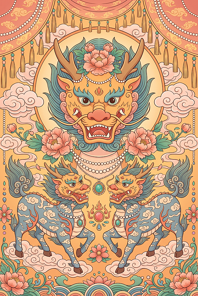 新国潮民俗装饰插画，敦煌壁画融合民间年画风格，中心对称构图，满构图无留白，扁平装饰画风，线条圆润柔和，平涂弱光影，细腻精致纹样，暖色调为主（橙黄、柔粉、石青、翠绿），渐变配色，传统宝相花、祥云、卷草纹，珠串流苏镶边，圆润圆光边框，轻微手绘肌理，华丽繁复，喜庆吉祥，画面中心巨型麒麟头居上，犄角装饰宝相花、珠链，下方左右对称双麒麟，身披祥云纹样，环绕珍宝花卉，背景圆光云纹，传统纹样流苏镶边，新国潮民俗插画，敦煌年画结合，中心对称满构图，扁平平涂画风，线条圆润，暖黄粉绿主色调，繁复精致，祥瑞纳福，手绘肌理，8K 超高清，不要出现文字，色彩淡雅不艳俗
