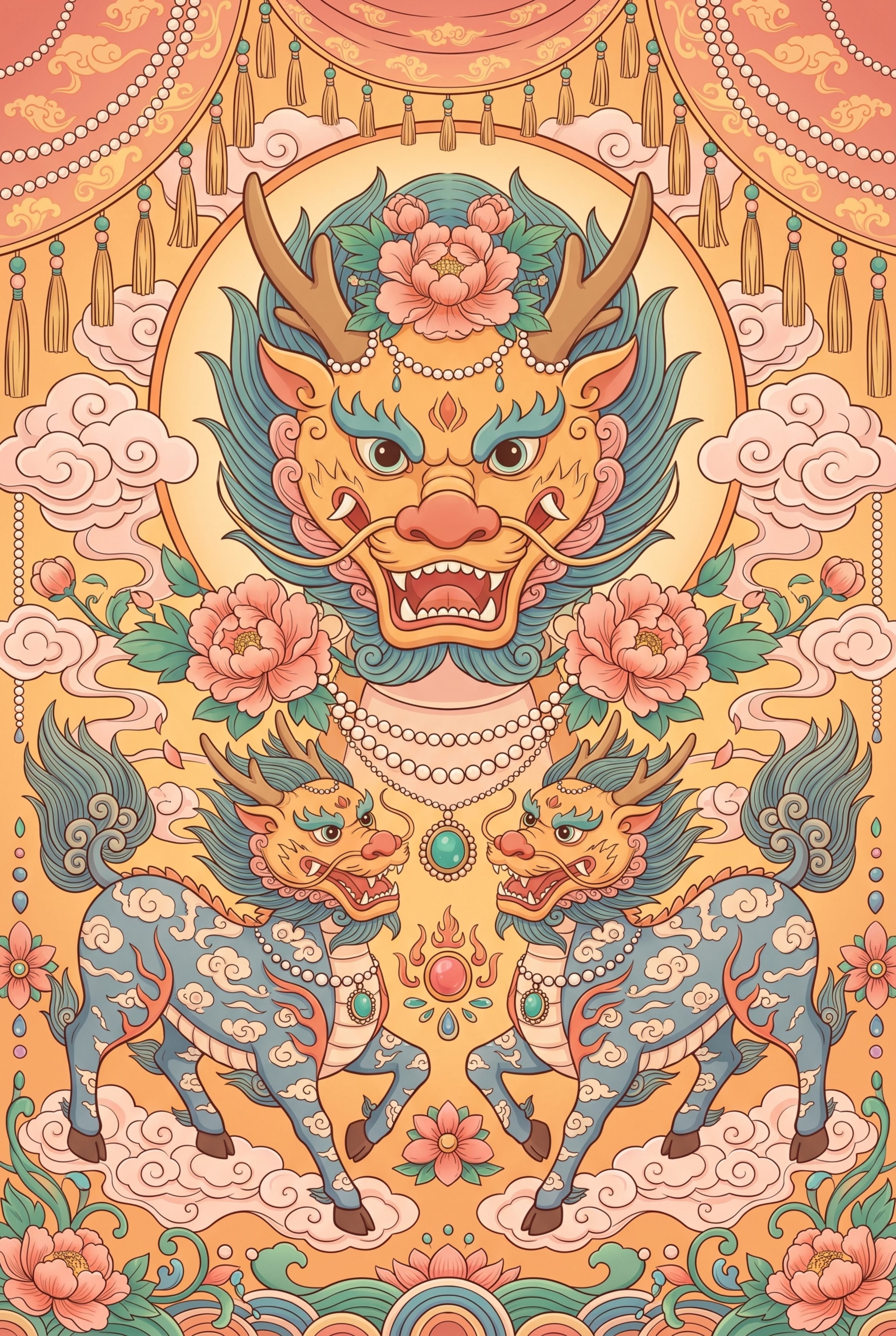 新国潮民俗装饰插画，敦煌壁画融合民间年画风格，中心对称构图，满… - 图片创意预览