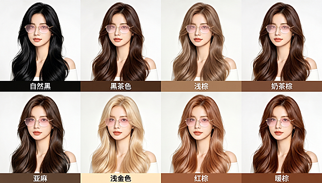 请在这张图片中给8位模特每人都戴上图三的无框金色细框眼镜，眼镜镜片修改为图二的浅粉色，其他所有细节（发色名称、背景、人物发型、位置和布局）保持原样不变