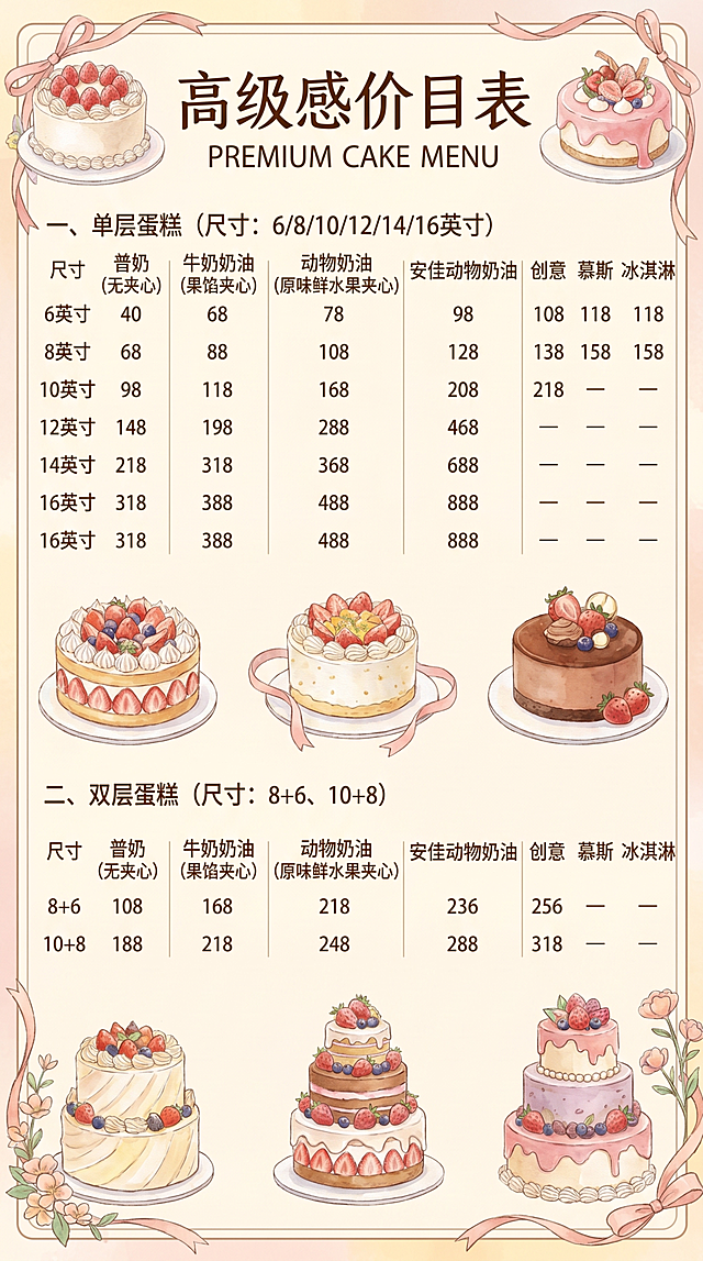 参考第二张图的手绘插画风格，为第一张图的蛋糕价格表重新设计一张高级感价目表，保留所有价格和尺寸文字内容，排版清晰，整体风格温馨治愈，搭配蛋糕手绘插图，整体高级感美学设计，尺寸为竖版