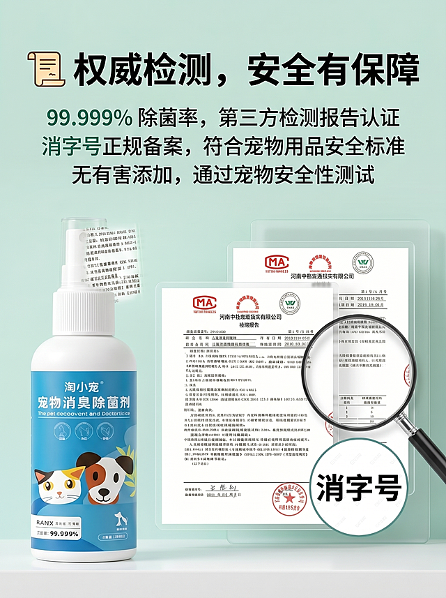 保留原图的所有文字内容、左侧淘小宠宠物消臭除菌剂产品瓶身、放大镜和消字号标识元素，将原图里的两张旧CMA测试报告替换为第二张图里的三张新检验报告，整体画面保持清新浅绿色背景，光影自然协调，画面风格统一，保留所有原有排版布局
