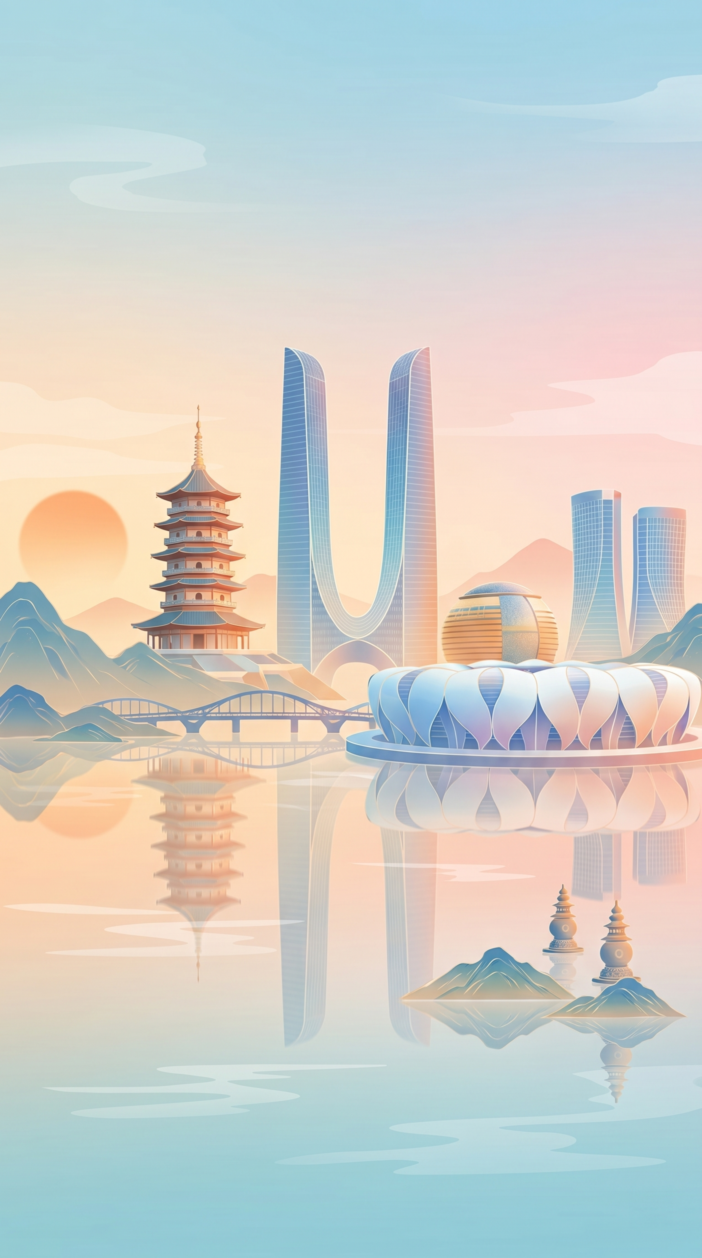 参考图的国风现代城市插画风格，画面包含杭州地标建筑雷峰塔、杭州… - 图片创意预览