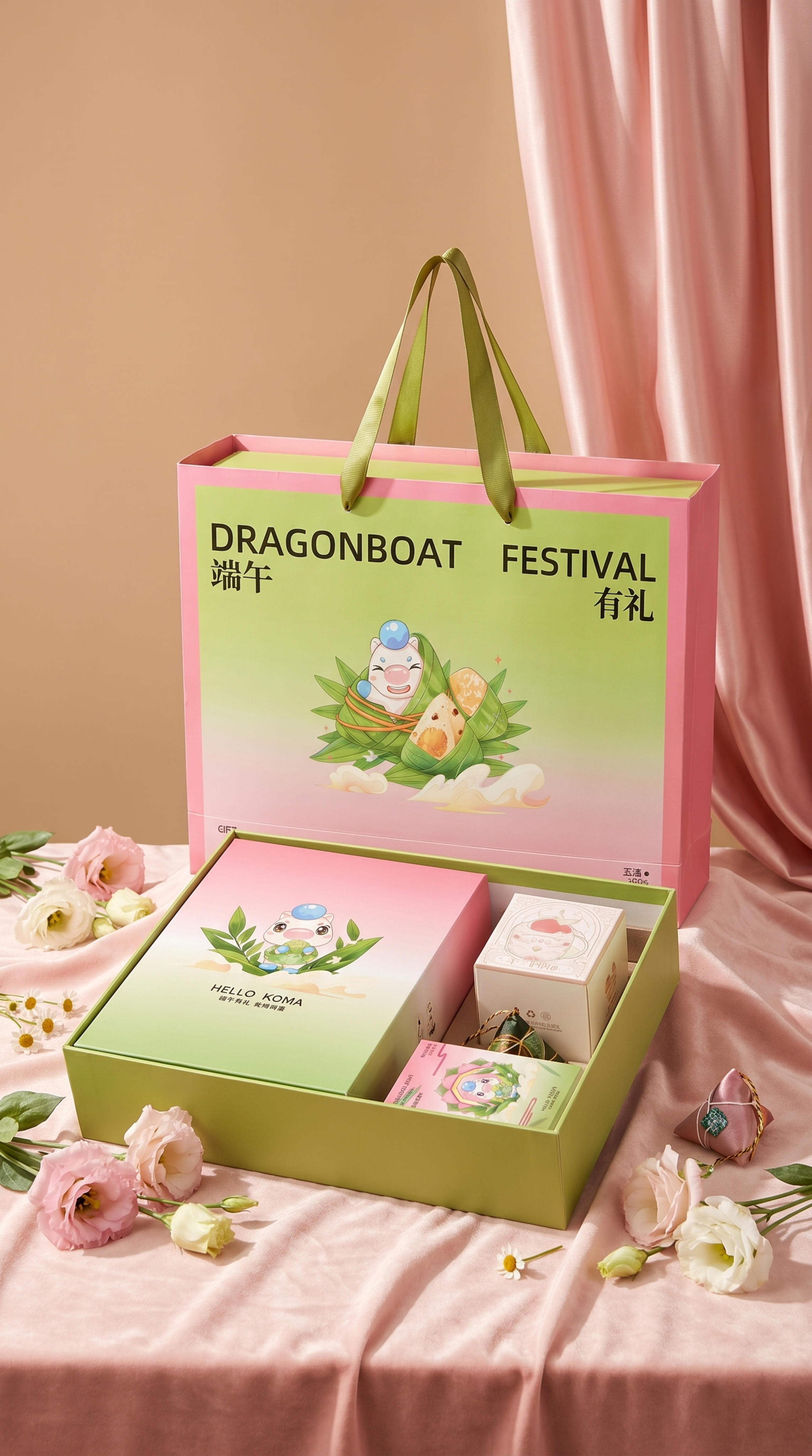 端午礼盒组合，严格参照上传产品图1与产品图2，完整保留粉绿渐变… - 图片创意预览