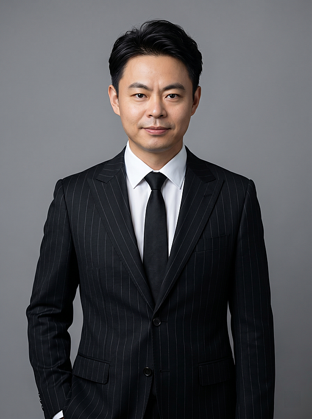 参考图中保留人物脸型、发型、年龄等特征生成职场商务形象照，标准焦段50mm，f/4光圈(f/2.8-f/4区间)，平视视角(镜头与人物视线齐平)；人物占画面70%，人物居中(居中构图)，位于画面中心，为视觉聚焦点，入境范围头部及以下至臀部下方10cm，半身像；左右留少量背景空间；头部与画面顶部保留5%空间；头部发型完整，头肩比例协调，人物结构准确；身穿深黑色细条纹精纺羊毛混纺西装外套，(平驳领设计，面料呈细腻微微哑光质感)；内搭白色高支棉衬衫；下装深黑色细条纹精纺羊毛混纺西裤；着装正式干练；专业稳重，身形匀称，姿态端正，身体挺拔。呈左手插兜的自然姿态，肢体放松且自信；发质微微柔顺，微微蓬松；简约中度灰色纯色背景(呈现均匀柔和质感)，背景光线均匀柔和，强化色彩对比的高级感，极简干净；画质超高分辨率、细节清晰，现代精致感风格；眼神直视镜头，目光坚定且澄澈，表情自然，嘴角自然；肤质自然细腻，肤色健康均匀，哑光肤质清爽干净，保留真实皮肤细节；杰作，最佳画质，超高细节，写实摄影，中近景人像，皮肤质感自然清晰，柔光，正面补光，画面干净清新，高清皮肤细节；面部光比1:1.5，4800K中性光，微微修饰脸型，肤质哑光细腻，面部雾面柔光，轻透裸肌感，真实毛孔纹理；分辨率4K，去除人物之外的多余元素，严格按照参考图片内容生成，画面比例3:4
