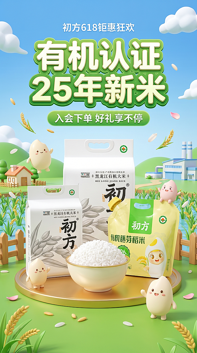 3D卡通童趣风粮油食品电商海报设计，竖版构图，画面主体为初方品牌的三款产品：白色包装的2.5KG装大米、白色包装的5KG大米，黄绿色包装的1.25KG胚芽米，包装正面朝向镜头，带有品牌标识与文字；三款产品前方中心位置摆放一碗盛满白米饭的碗，碗口朝上。画面中分布一个个拟人化卡通IP形象：拟人胚芽米，造型圆润可爱。顶部居中位置有醒目的主标题“有机认证 25年新米”，带有绿色描边+白色填充+立体效果，下方是副标题“入会下单 好礼享不停”，最顶部是“初方618钜惠狂欢”。场景设定为卡通田园农场背景，晴朗蓝天、蓬松白云、绿油油的稻田、小房子、木栅栏，远处有现代化工厂建筑，散落着稻粒、稻穗、花瓣等元素，整体充满丰收、清新的氛围。色调为明亮的草绿+天蓝色主色调，搭配产品包装的黄/蓝撞色，点缀米白、浅黄、浅粉，色彩明快清新，传递自然、健康、活力的感觉。中心对称式主视觉构图，产品与米饭碗位于画面中心的金色圆形托盘上，IP角色、稻穗等元素环绕分布，轻微俯视的平视视角，聚焦产品主体。8K超高清，3D建模风格，所有元素带有柔和光影与立体感，圆润可爱无生硬棱角，画面干净整洁，色彩层次丰富，适配食品类电商营销海报，传递新鲜、安全、治愈的产品调性。
