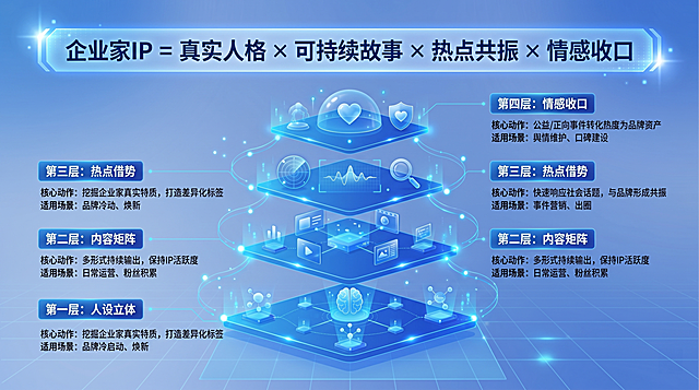 参考蓝色科技风逻辑图表的风格，将“企业家IP = 真实人格 × 可持续故事 × 热点共振 × 情感收口”以及四层层级结构（第一层：人设立体，核心动作挖掘企业家真实特质，打造差异化标签，适用场景品牌冷启动、焕新；第二层：内容矩阵，核心动作多形式持续输出，保持IP活跃度，适用场景日常运营、粉丝积累；第三层：热点借势，核心动作快速响应社会话题，与品牌形成共振，适用场景事件营销、出圈；第四层：情感收口，核心动作公益/正向事件转化热度为品牌资产，适用场景舆情维护、口碑建设）制作成蓝色科技风逻辑图表，保持信息层级清晰，风格统一为浅蓝渐变科技感