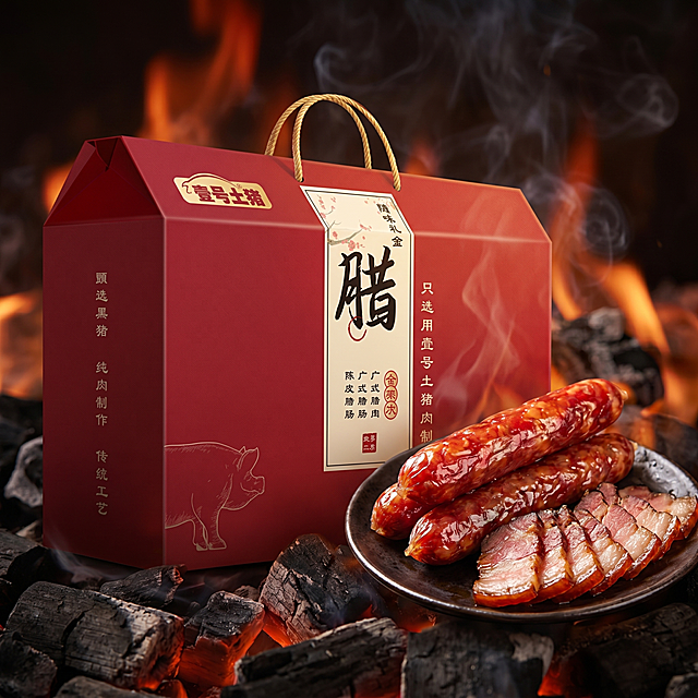 超写实食品场景摄影，延续图1暗调炭火烟雾复古风格：红色腊味礼盒为主体，完整保留外观、提手、标签文字与猪图案；在画面右下角放置深色陶瓷盘，盘中陈列油亮红润的黑土猪腊肠与切片腊肉（腊肉琥珀色、肥瘦相间、微油光）；背景为朦胧炭火火焰与轻烟，氛围温暖厚重；产品与盘中食材为视觉焦点，主光斜前45°照射，突出质感光泽；避免‘331项检测’等具体数字，改用‘品质严选’‘传统工艺匠心制作’等中性表述；4K写实光追，严格锁定宽高比为1:1
