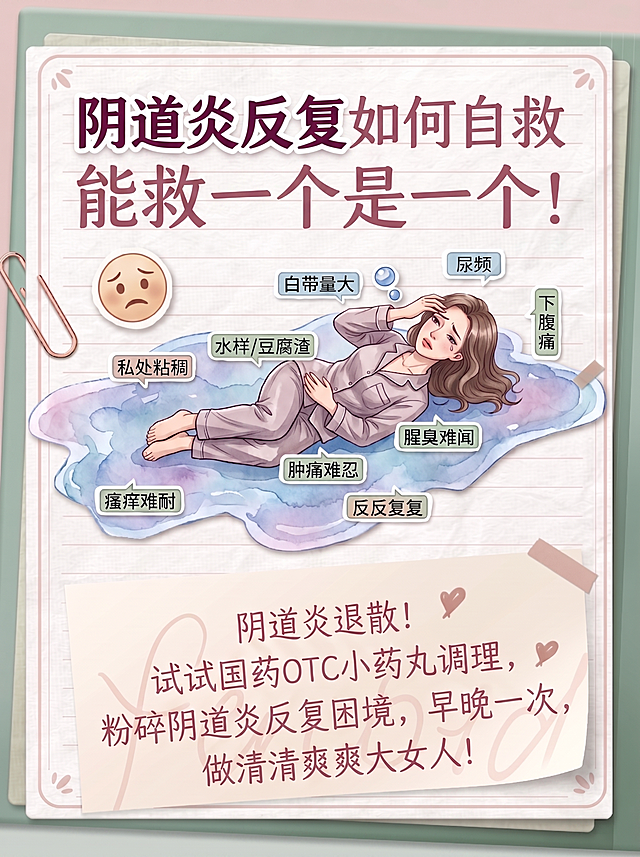 在上一版基础上进一步优化：1）标题‘阴道炎反复’四个字需加大加粗，使用高对比度醒目颜色（如深紫红或酒红+白色描边），确保视觉第一焦点；2）整体仍保持莫兰迪柔和背景色（浅粉灰/米白/淡蓝），但标题文字必须突出；3）人物风格、症状标签、下方文案内容及排版结构不变；4）删除内审号与有效期；5）整体风格仍为专业亲和的手绘插画风，适配28-35岁女性审美。