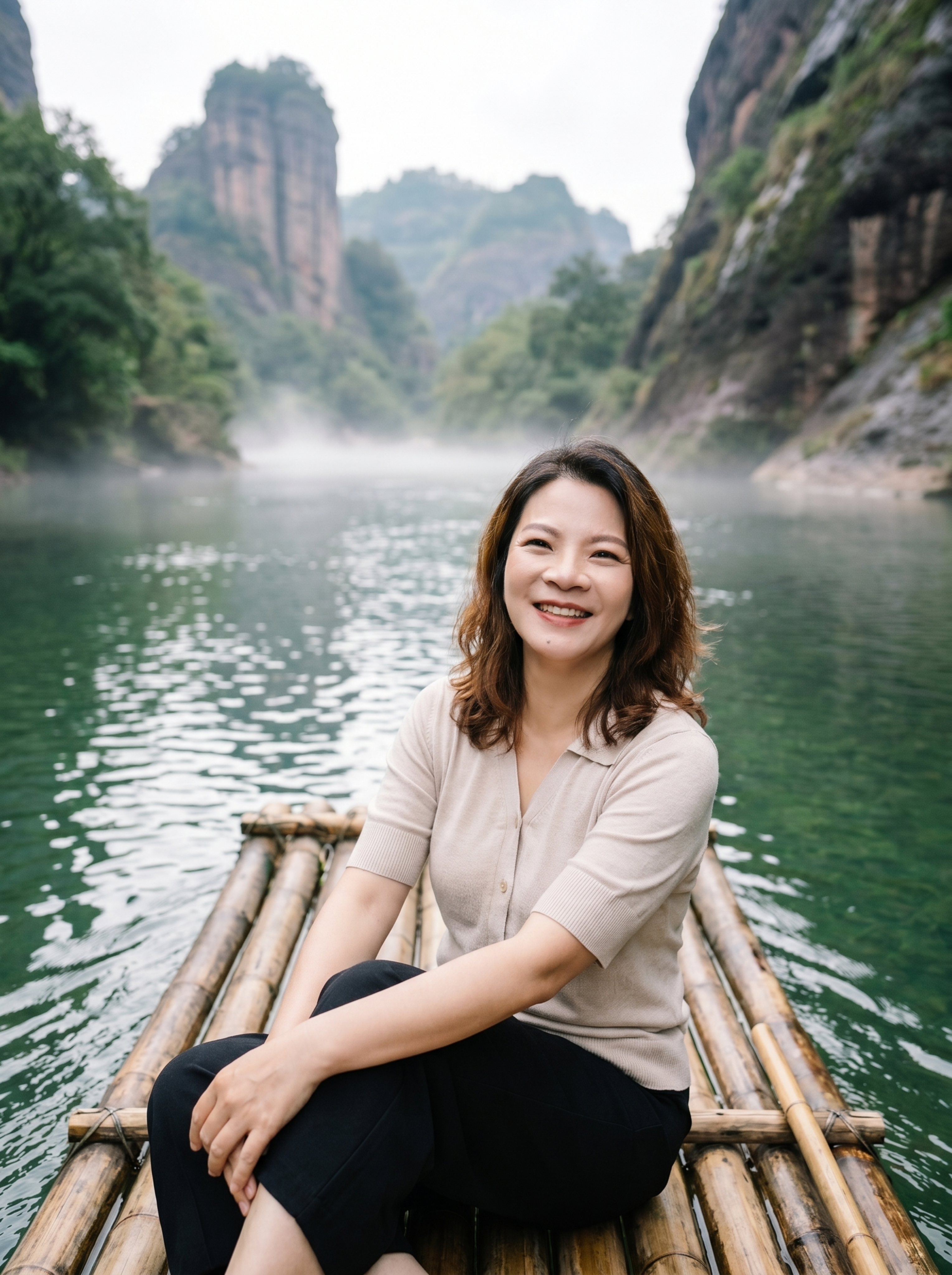 高度还原参考图中女士的五官样貌与发型特征，清新治愈系武夷山竹排… - 图片创意预览