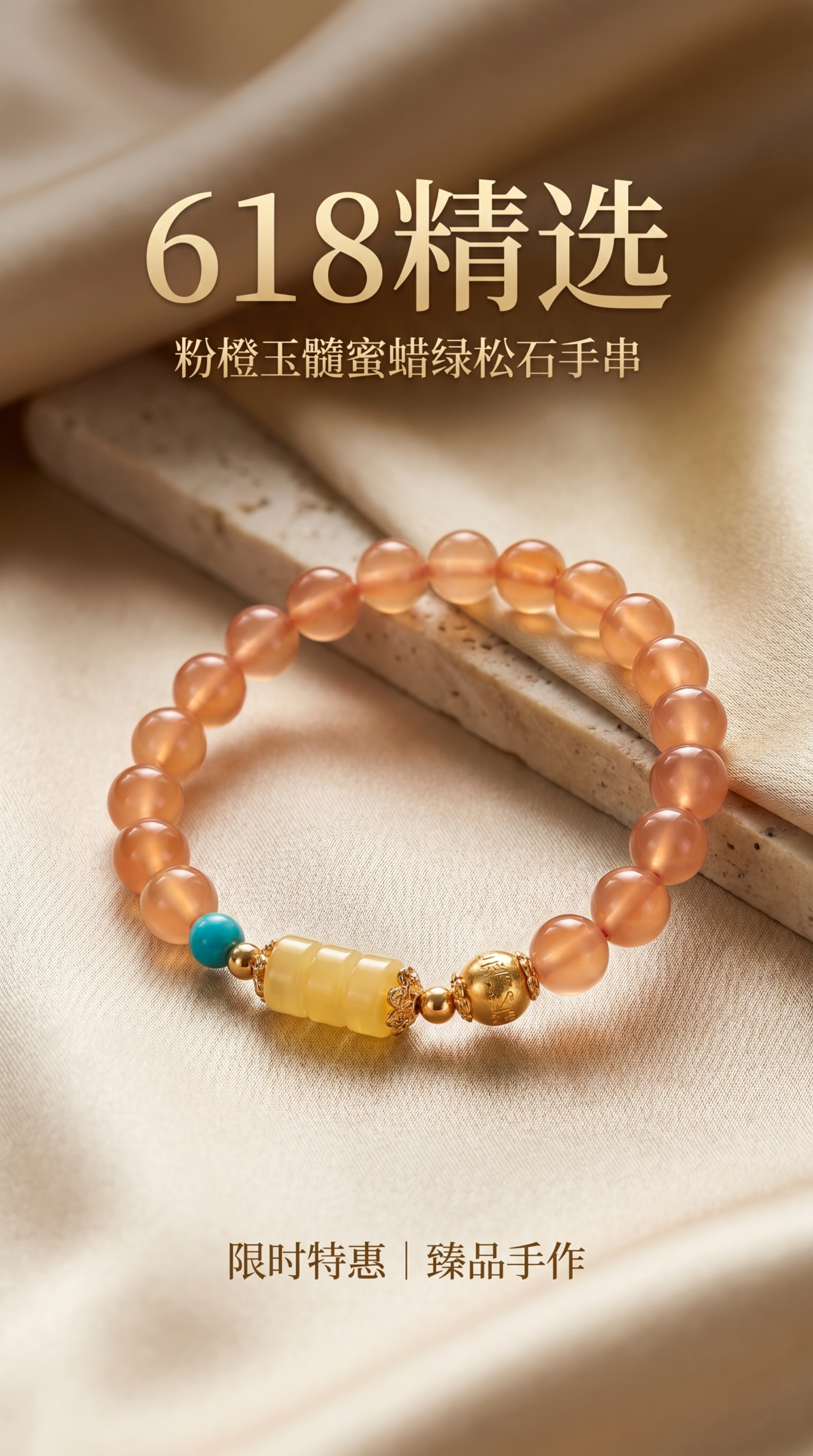 618商业营销海报，主体为图中的粉橙玉髓蜜蜡绿松石手串，搭配精… - 图片创意预览
