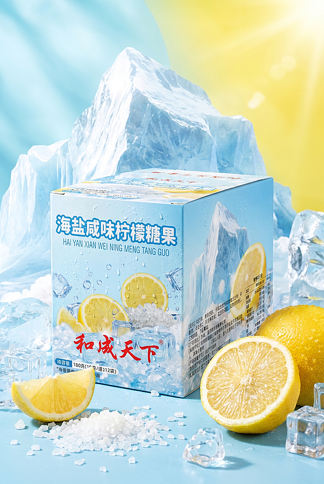 海盐柠檬糖果产品宣传设计图，画面主体为这款海盐咸味柠檬糖果包装盒，背景搭配清新的冰山、新鲜柠檬切片、晶莹冰块和海盐颗粒元素，整体色调为清爽的浅蓝与明黄色调，突出产品清新冰凉的口感氛围，画面中保留包装盒上的所有原有文字信息，整体风格清新通透，视觉干净明亮，充满夏日清凉感