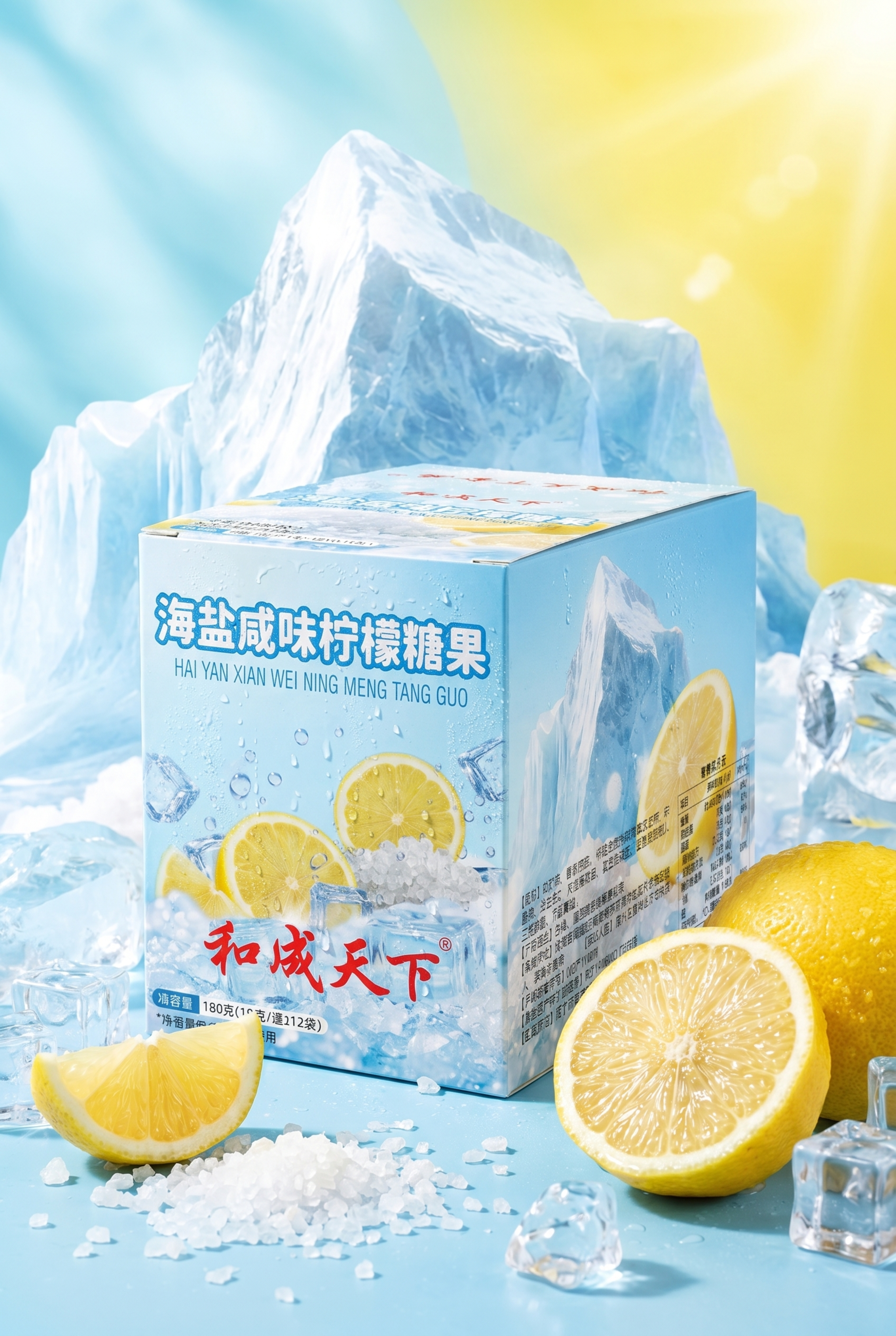 海盐柠檬糖果产品宣传设计图，画面主体为这款海盐咸味柠檬糖果包装… - 图片创意预览