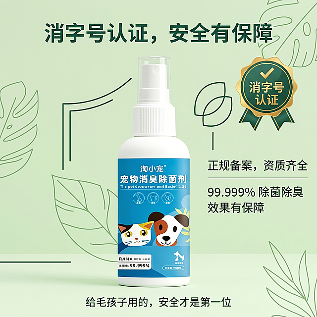 电商产品副图设计。
主体：宠物消臭除菌剂严格参照上传产品图，完整保留所有可见组件、部件、本体几何轮廓、结构、比例、材质质感、颜色、图案与上传图完全一致，喷头结构完整清晰可见，杜绝任何变形、色差、组件缺失、结构偏差，产品占画面65%，完整不裁切，绝对前景主导，近景构图，产品位于画面黄金主导位，为画面唯一视觉焦点，背景无其他同类产品。
构图：瓶身居中，右上角放置"消字号认证"标识，右侧补充文字说明，底部放小字提示，顶部放置大字标题。
风格：清新简约专业风格，和前面三张副图风格统一。
场景：宠物除臭剂安全认证副图，浅绿背景搭配简约线条装饰，营造专业感。
文案内容：顶部大字："消字号认证，安全有保障"，瓶身右侧文字：正规备案，资质齐全\n99.999% 除菌除臭，效果有保障，底部小字：给毛孩子用的，安全才是第一位，右上角添加"消字号认证"标识，所有文字清晰可辨认，排版整齐专业。
配色：主浅绿60% + 白色30% + 深绿点缀10%，整体清新专业。
材质：背景浅绿搭配简约线条，平面干净专业。
光影：主光从正前方照射，光线均匀柔和，瓶身有清晰柔和高光，整体明亮干净。
严格锁定宽高比为 1:1