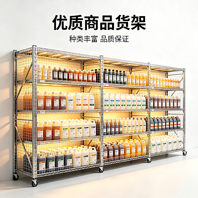 货架严格参照上传产品图（图二），完整保留所有可见组件、部件、轮廓形状、结构、比例、材质质感、颜色与上传图二完全一致，严禁扭曲变形。将图一中的所有瓶装商品按照原顺序和位置摆放到这个新货架上，保留原图的文字“优质商品货架 种类丰富 品质保证”，整体保持原图的简约干净的电商展示风格，主光从前方斜入45°，明亮暖光，保持所有商品清晰，产品位于画面中心，严格锁定宽高比为 1:1。