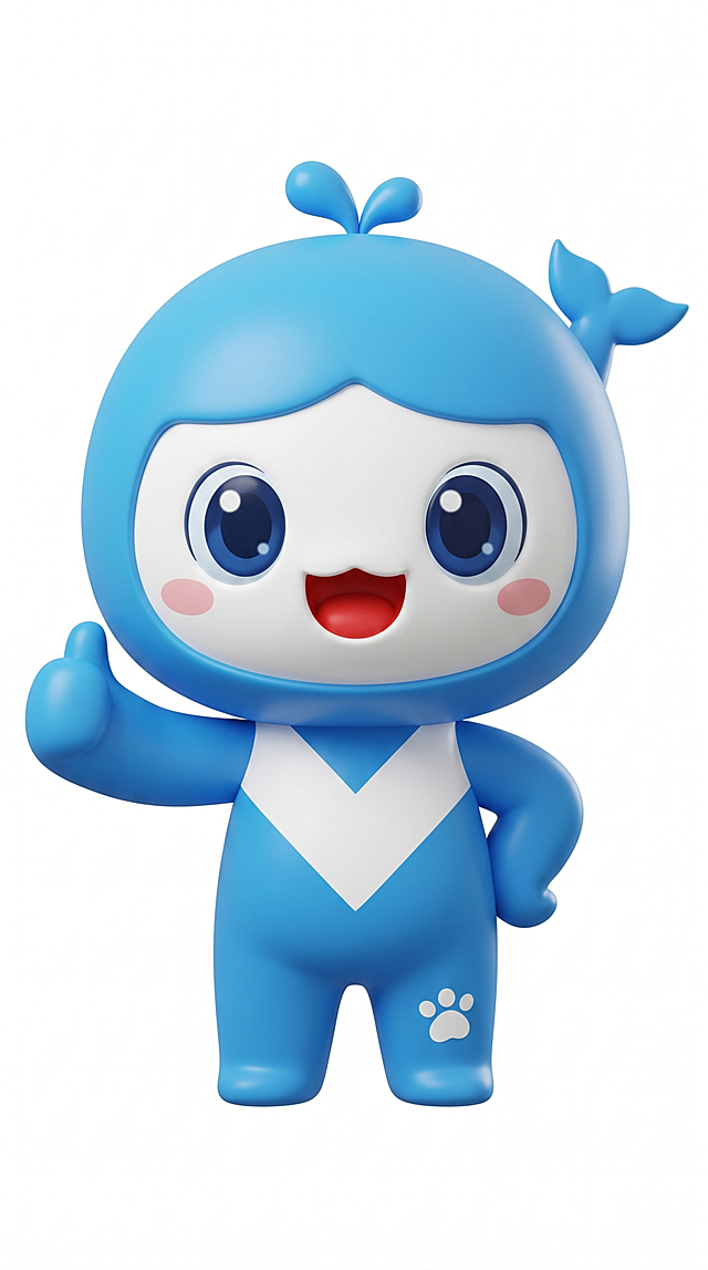 根据这张图片的海豚吉祥物造型，生成光滑质感的3D渲染效果，保留原吉祥物的所有外形特征：蓝色的海豚造型头部、头顶水滴装饰、侧边鱼鳍、大大的眼睛、腮红、白色心形图案，整体光滑细腻，背景设置为纯白色