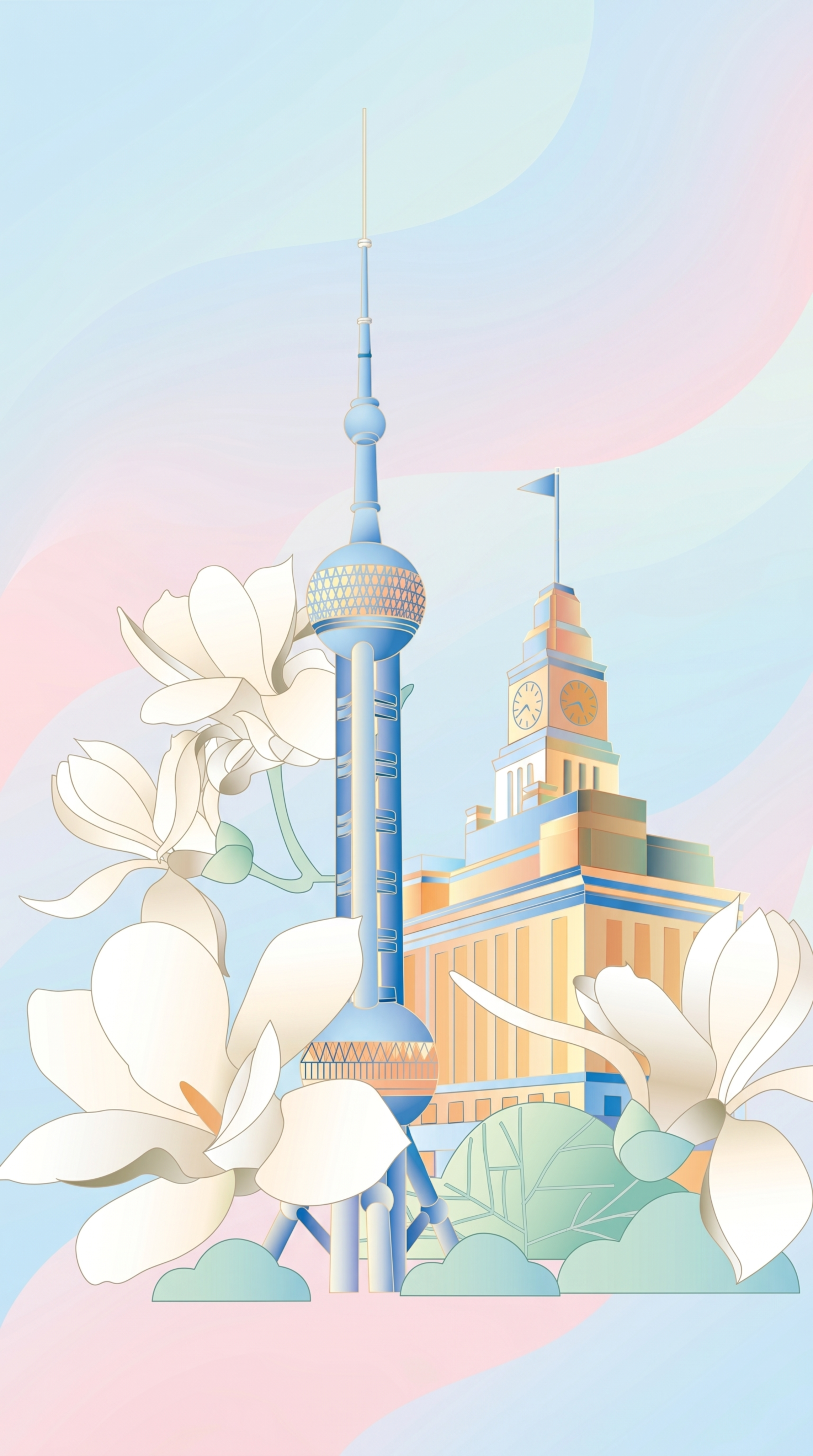 参考图的国潮扁平渐变插画风格，生成竖版3:1比例的上海主题海报… - 图片创意预览