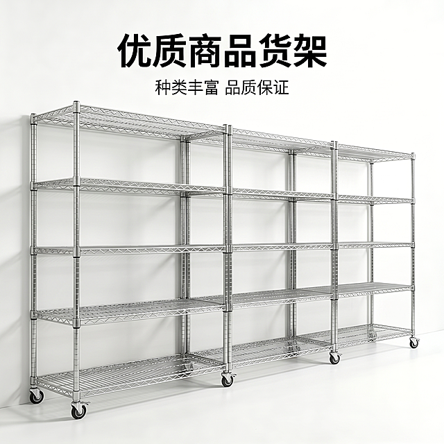 置物货架，严格参照图二产品图，完整保留所有可见组件、部件、轮廓形状、结构、比例、材质质感、颜色与上传图二完全一致，严禁扭曲变形。替换进图一的位置中，保持图一原有整体布局和文字"优质商品货架 种类丰富 品质保证"，保留原来带滚轮的长条形排列结构，把单个货架换成图二的款式结构。
室内电商产品摄影空间。
干净亮白色调。
明亮正面侧光，产品受光面泛起白色柔光，暗部及边缘映射浅灰色环境光晕，与环境物理融合。
画面居中，完整展示三组货架，保持整体构图，镜头对焦产品清晰锐利。
静态产品展示，无动态。
保留原有视角不偏转。
全量换款清单：①主体货架：参考图一中的带侧网款货架 → 生成图二不带侧网的镂空置物款货架，保持原尺寸和数量排列；②墙面：保留参考图一纯白墙面，无需改动；③地面：保留参考图一纯白哑光地面，无需改动。
消除多余水印，保留原有文字内容。
4K 分辨率。严格锁定宽高比为 1:1。