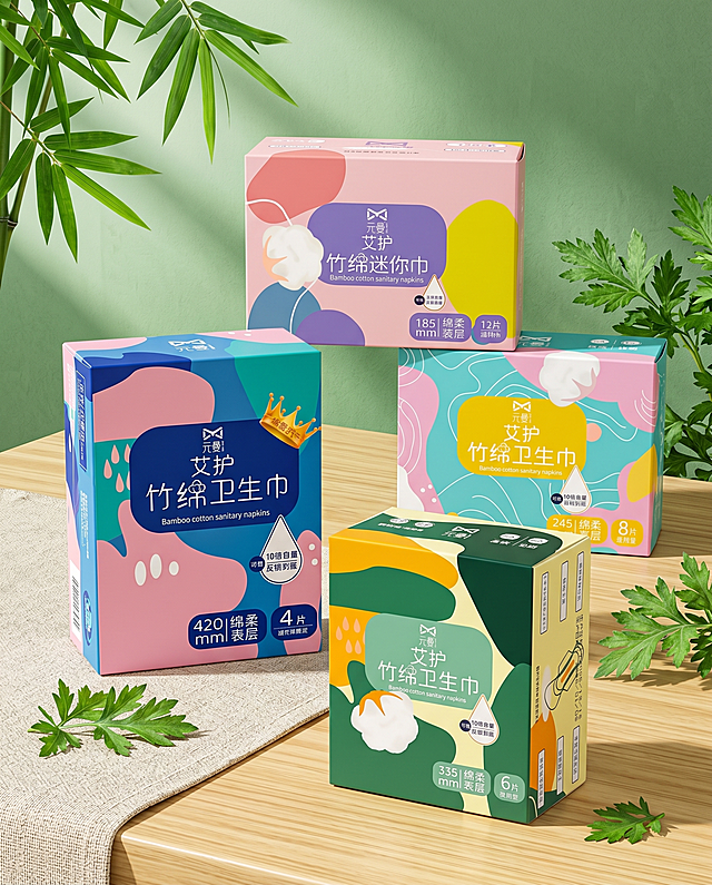 商业级产品摄影。
主体：四款卫生巾严格参照上传产品图，完整保留所有可见组件、部件、本体几何轮廓、结构、比例、材质质感、颜色、图案与上传图完全一致，严禁因画面氛围词擅改产品材质，杜绝任何变形、色差、组件缺失、结构偏差、拼接错位。四款产品错落摆放占画面65%，完整不裁切，绝对前景主导，中景构图，镜头贴近产品整体，背景无其他同类产品。
构图：黄金分割三角构图，微侧25°视角，平视拍摄。
风格：清新自然风。
场景：展示四款卫生巾产品的电商详情场景，自然清新的绿意氛围，突出产品艾护竹棉的天然属性。
空间：① 浅色原木纹理桌面承载，浅原木米黄色，自然木纹；② 背景为渐变绿色墙面，点缀淡绿色竹子竹叶与新鲜艾叶元素，营造清新自然氛围。
陪衬物：① 画面左上角，几根青绿色竹子枝条斜出，清新自然绿色；② 背景墙面点缀若干新鲜翠绿艾叶，深绿浅绿层次丰富；③ 桌面左下角，一块浅麻色棉麻桌垫局部点缀，浅米色亚麻质地。
配色：主绿色调60%，以不同深度的清新绿色构成；辅助浅原木米黄+浅亚麻色25%；点缀产品自带粉/蓝/紫色彩15%。画面颜色：浅草绿/深墨绿/米黄色/亚麻色/浅粉/浅蓝/浅紫。
材质：纸质包装/原木桌面/亚麻织物/新鲜竹叶/新鲜艾叶，天然质感。
光影：主光从左侧斜前方45°自然光射入，照亮产品核心展示面；辅光为右侧环境柔和反射补光；产品边缘有柔和轮廓光；纸质包装呈现哑光柔和反光，天然竹叶艾叶呈现自然漫射光影。
参数：4K写实光追。严格锁定宽高比为4:5。