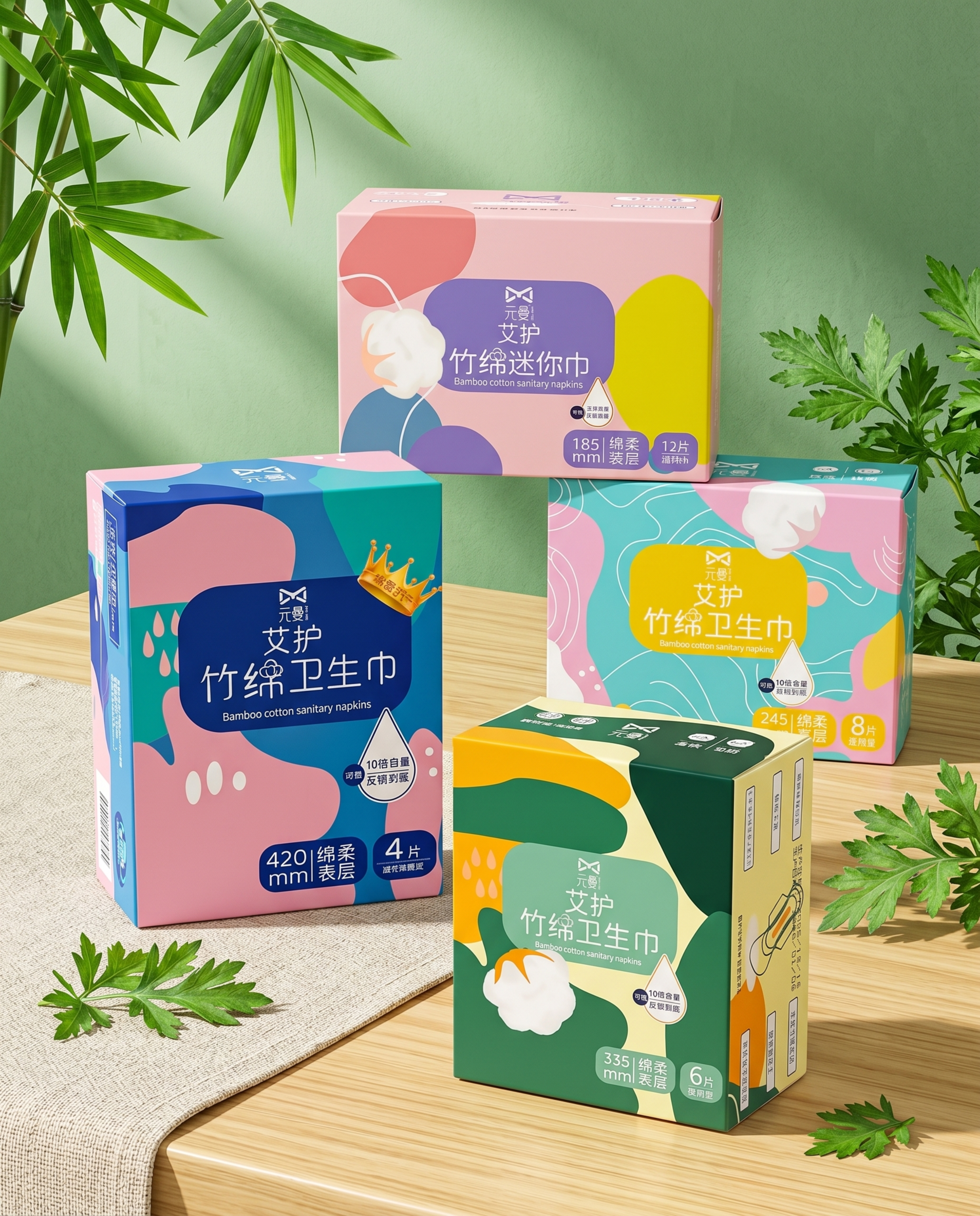 商业级产品摄影。 主体：四款卫生巾严格参照上传产品图，完整保留… - 图片创意预览