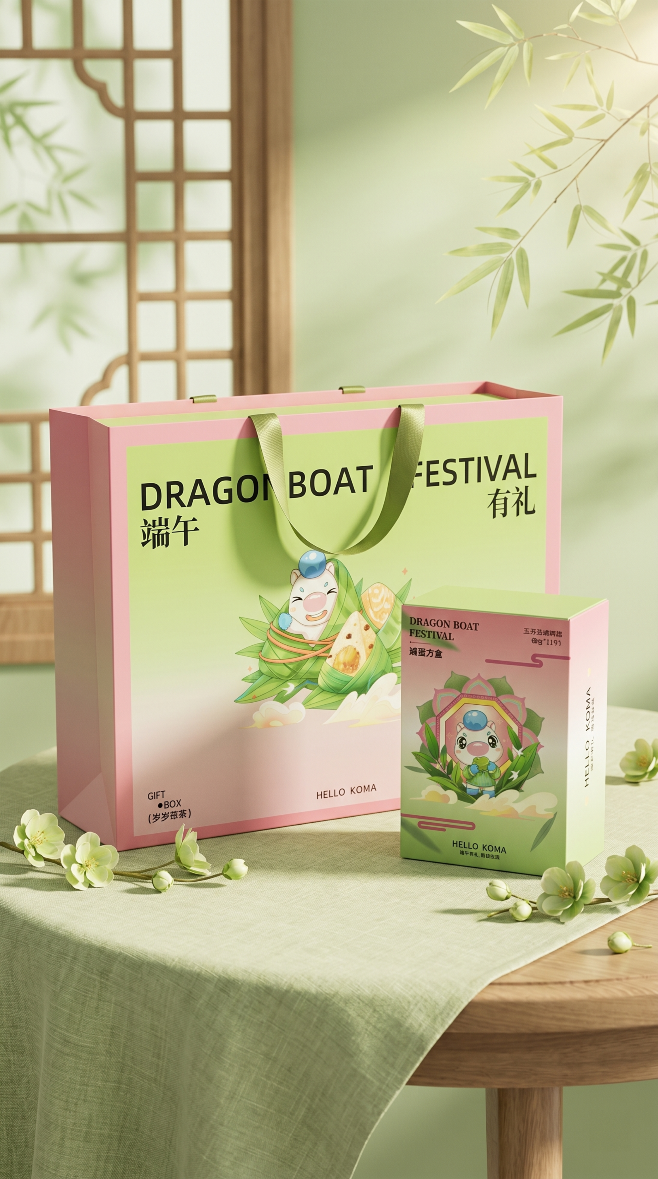 端午礼盒组合，严格参照上传产品图，完整保留粉绿渐变手提礼盒与粉… - 图片创意预览