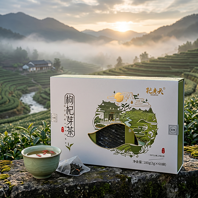 杞老头枸杞芽茶商品图，参考第二张图片的自然田地风格，相似度30%，换远山农田搭配清晨阳光场景，展示杞老头枸杞芽茶产品，自然清新，4K画质，1:1构图