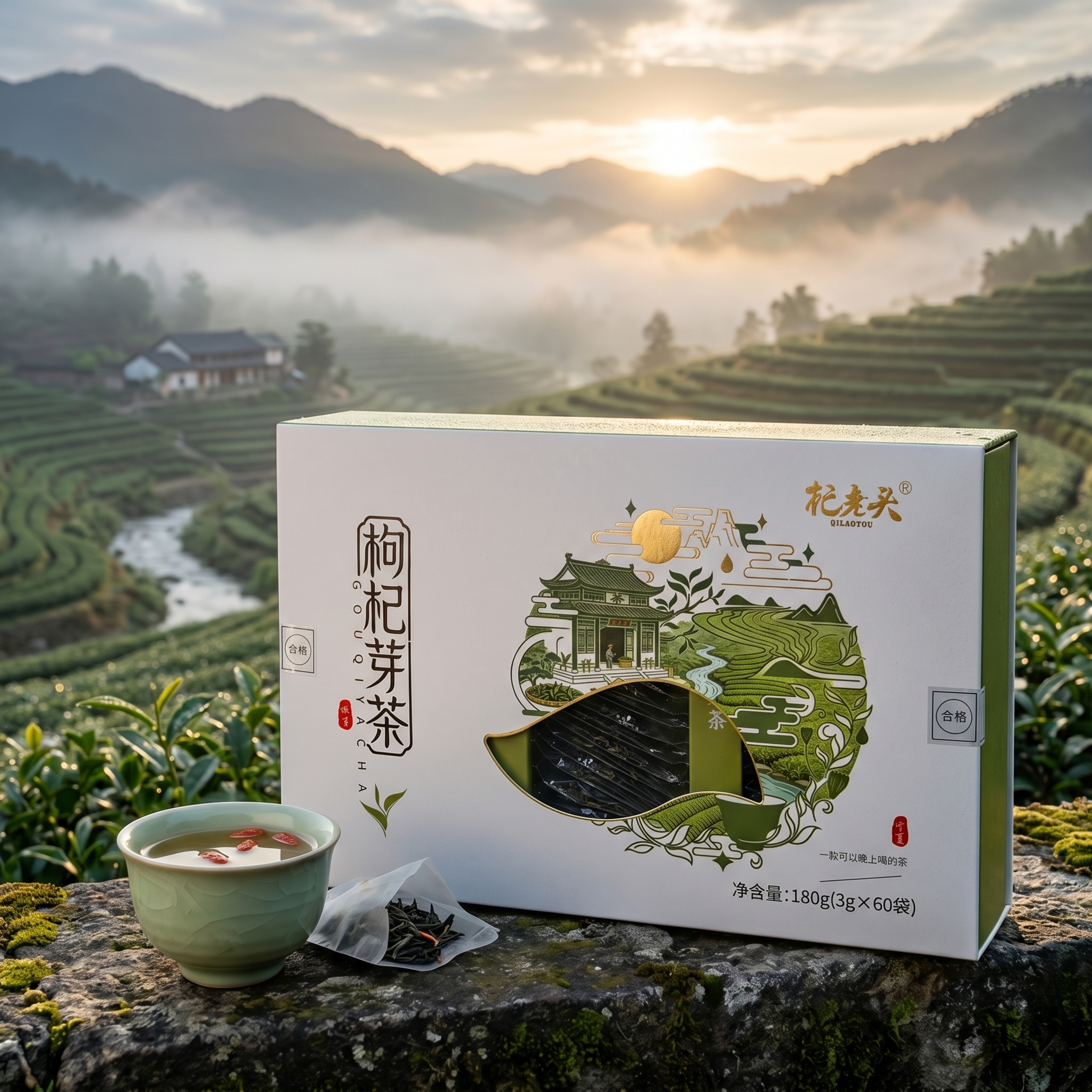 杞老头枸杞芽茶商品图，参考第二张图片的自然田地风格，相似度30… - 图片创意预览