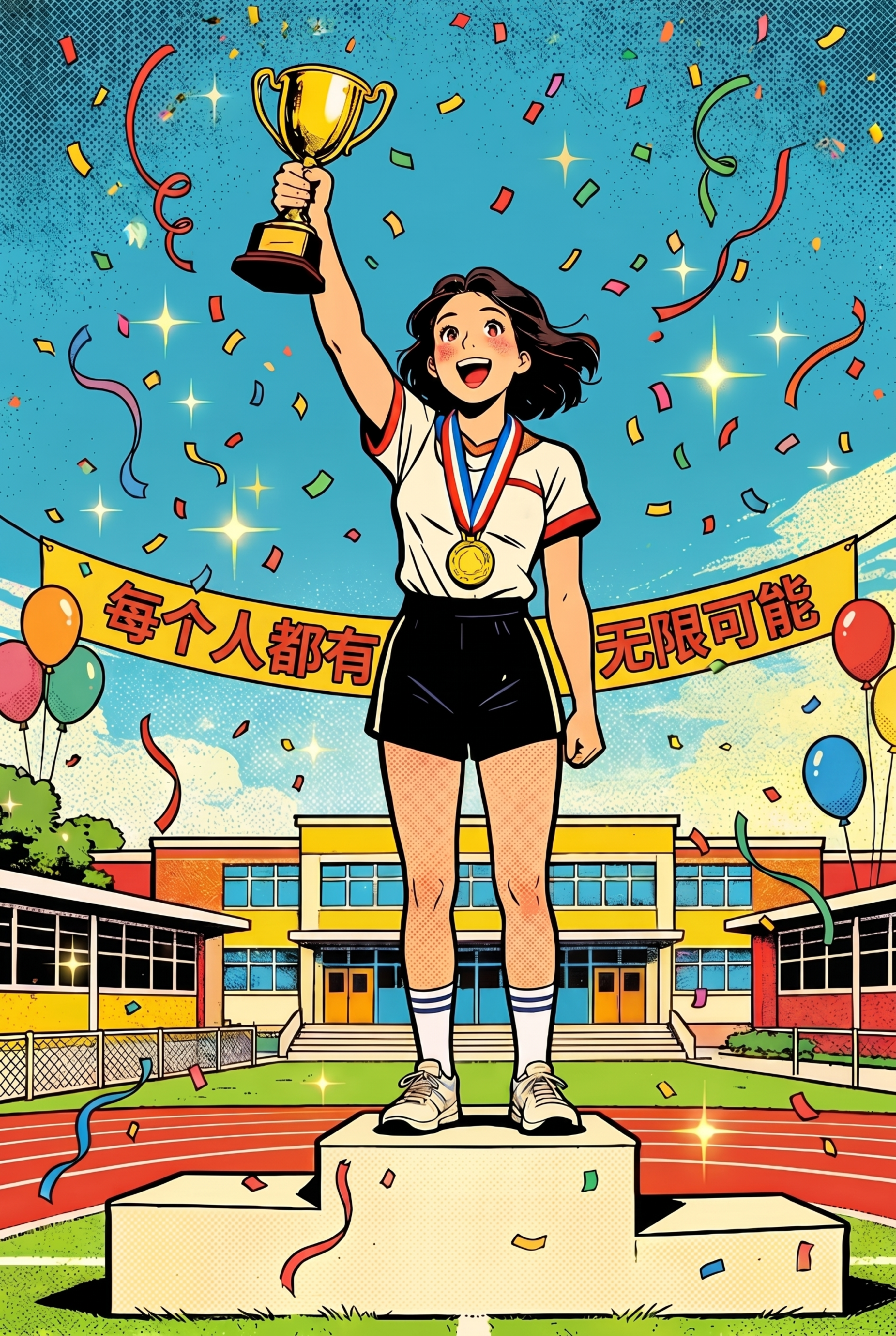保留原图美式复古插画画风与彩带庆祝氛围，将背景黄色横幅上的中英… - 图片创意预览