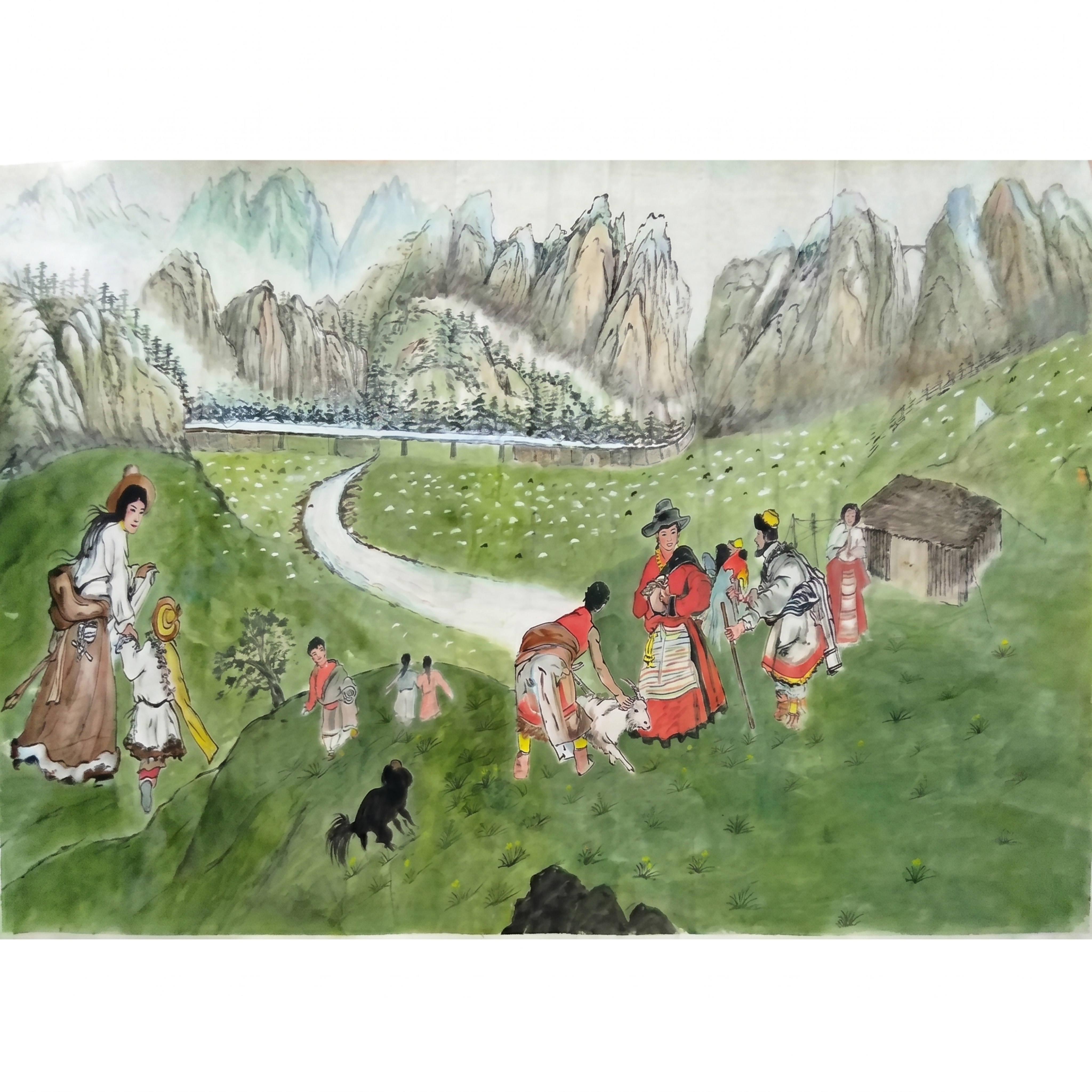 保留这幅国画所有原有内容，人物、动物、风景都完全不变，把画作放… - 图片创意预览
