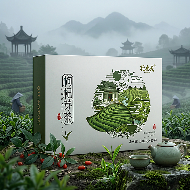 杞老头枸杞芽茶商品图，参考第二张图片的自然田地风格，相似度30%，换阴天雾蒙蒙茶园场景，展示杞老头枸杞芽茶产品，国风自然风格，4K画质，1:1构图