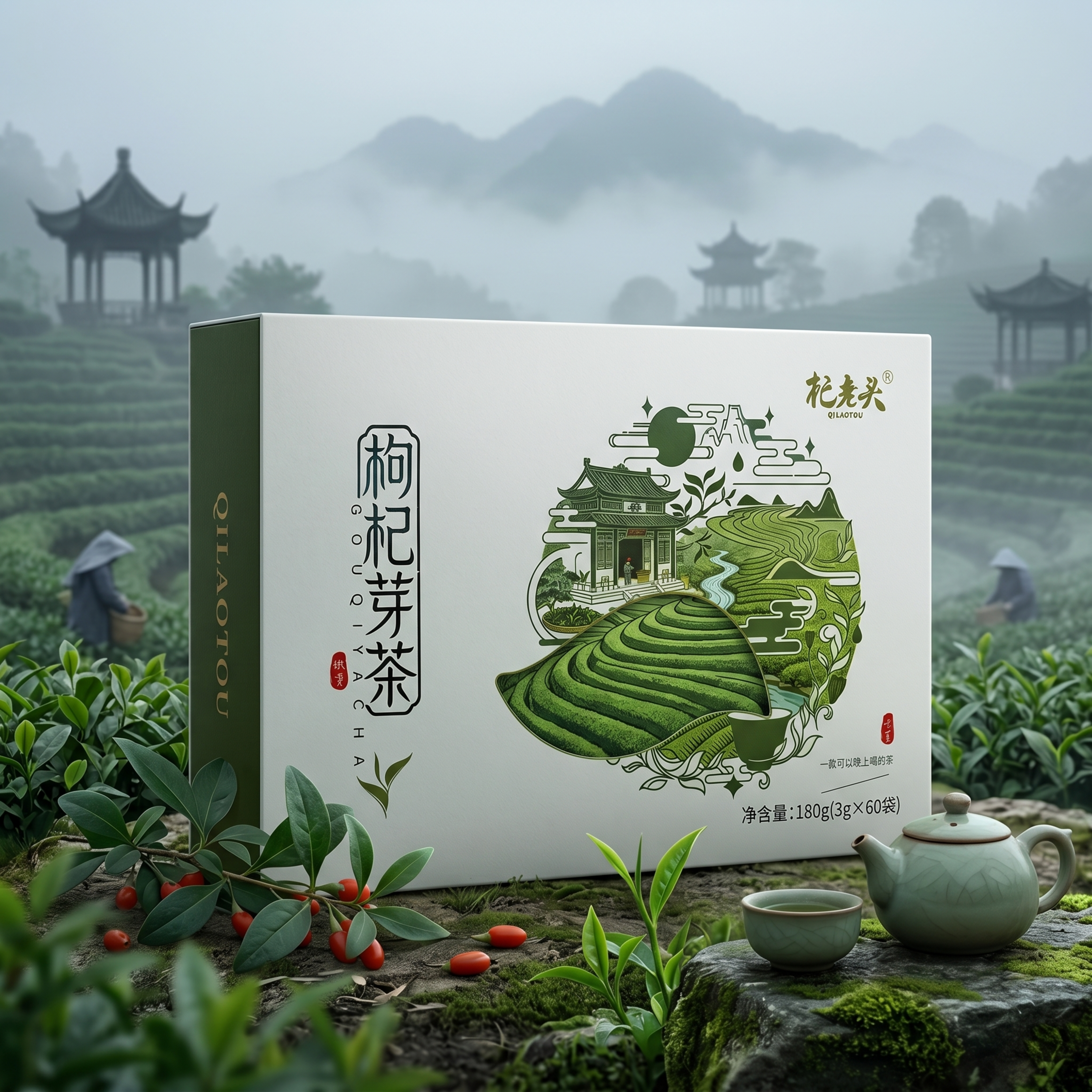 杞老头枸杞芽茶商品图，参考第二张图片的自然田地风格，相似度30… - 图片创意预览