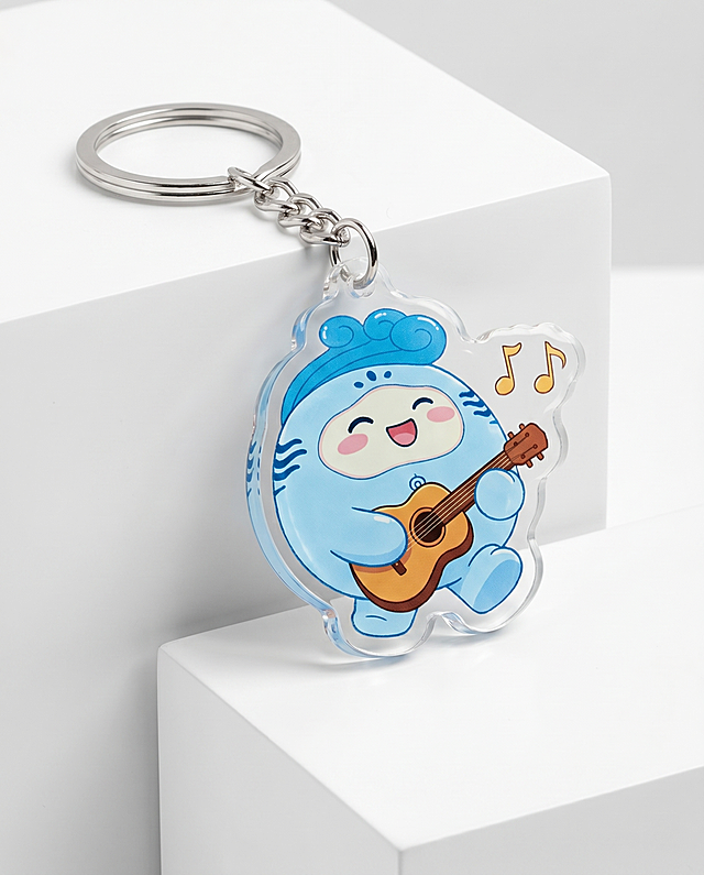 电商产品展示，透明亚克力材质滴胶钥匙扣，双面印图，卡通图案为上传图中弹吉他的蓝色卡通形象，图案完整清晰，边缘光滑，配有银色金属钥匙扣挂环，放置在简约白色展示台，产品特写，高清商业摄影，透明质感，光线明亮突出亚克力通透效果，严格锁定宽高比为4:5