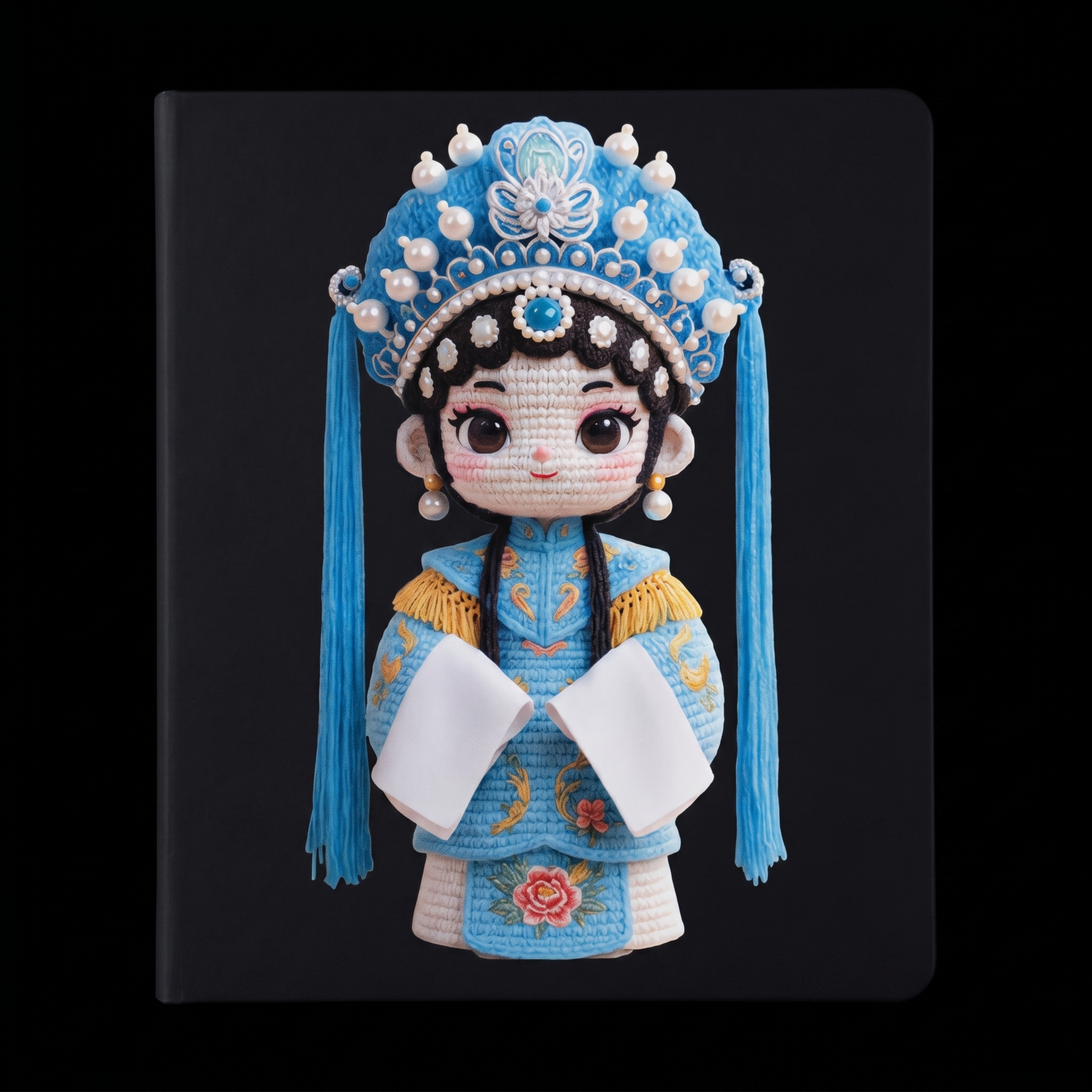 将钩针蓝色京剧IP形象做成文创笔记本周边商品图，黑色背景，契合… - 图片创意预览
