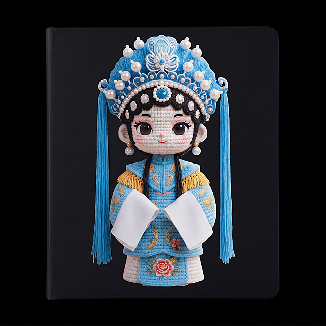 将钩针蓝色京剧IP形象做成文创笔记本周边商品图，黑色背景，契合IP个性与文创定位，高品质，4K，产品质感清晰，视觉干净高级，适合印刷无阴影，高级感和设计感，方形笔记本封面展示