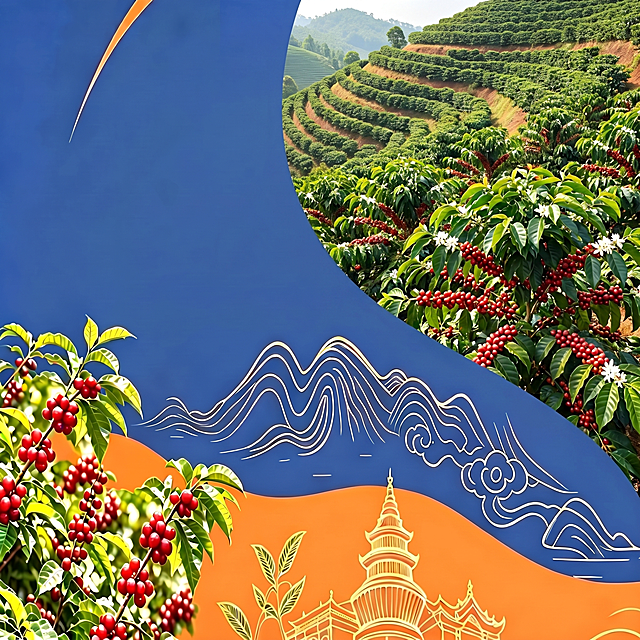 将图片右侧山林区域替换成真实感强的咖啡种植山，保持原有区域范围，其余内容不变，提升图片整体画质至高清
