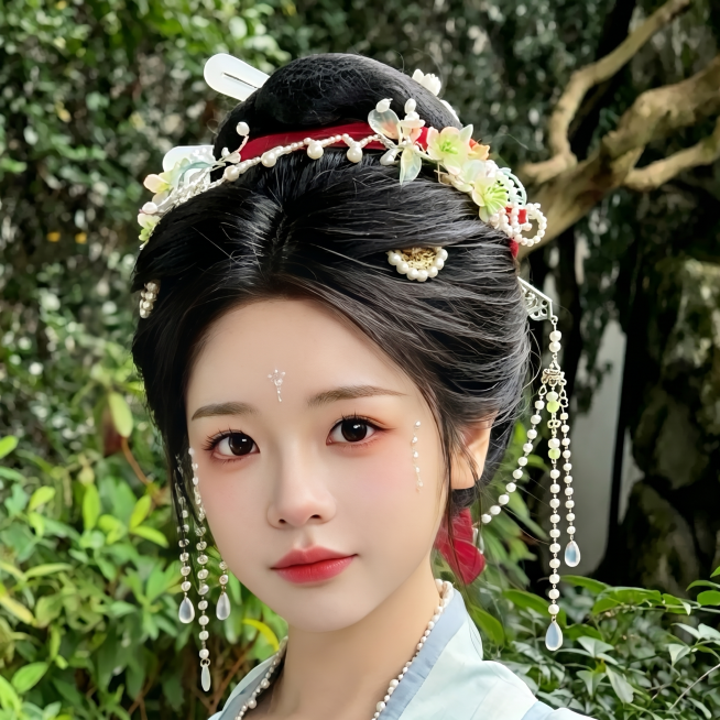 参考原图的脸部妆容、额间花钿和珍珠泪滴装饰，生成一张古风美女的大头特写照片，完整保留精致的古风发饰，高清细腻质感预览效果