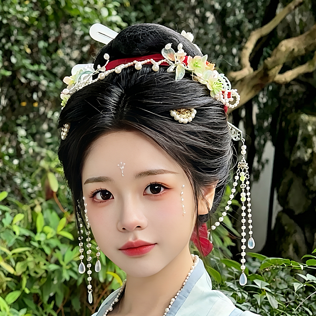 参考原图的脸部妆容、额间花钿和珍珠泪滴装饰，生成一张古风美女的大头特写照片，完整保留精致的古风发饰，高清细腻质感